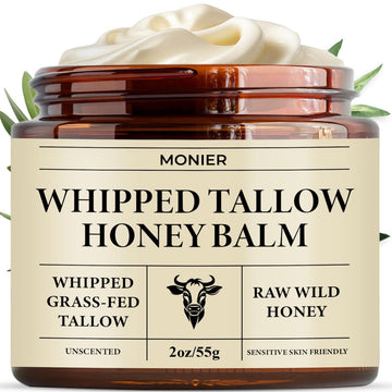 MONIER Whipped Beef Tallow for Skin, Tallow and Honey Balm for Face | Moisturizer With 100% Organic Grass-Fed Beef Tallow & Raw Wild Honey, Packaging May Vary, Dry & Sensitive Skin (Unscented)