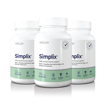 Three bottles of Simplix supplements from Wellex on a white background