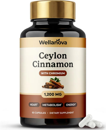 Ceylon Cinnamon Capsules Supplement with Chromium - 1,200 mg True Cinnamomum Verum, Chromium Picolinate 200 mcg - Heart, Metabolism & Energy Support - 60 Vegan Capsules