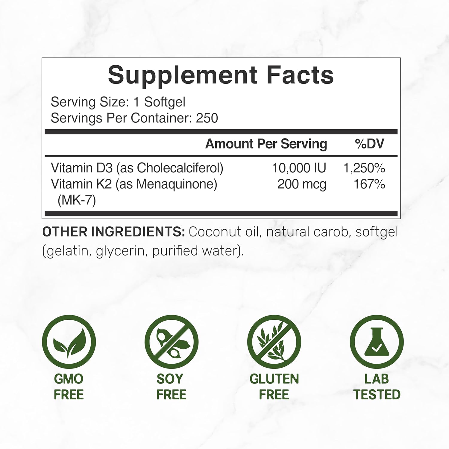 DEAL SUPPLEMENT Vitamin D3 10,000 IU + K2 MK7 200mcg Softgels, 250 Count | 2-in-1 Complex with Virgin Coconut Oil | Easy to Swallow