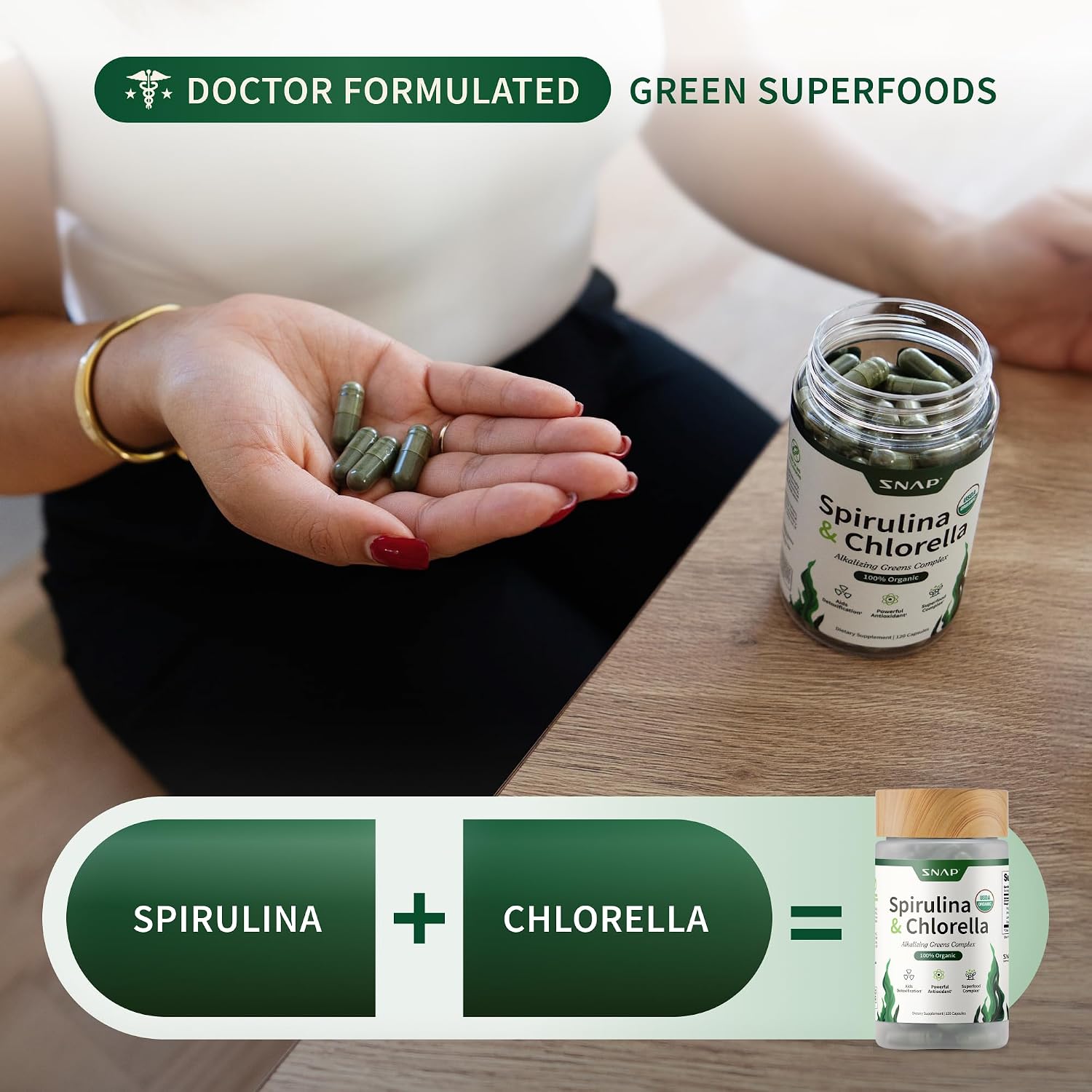 Snap Supplements USDA Organic Spirulina and Chlorella, 120 Vegan Capsules | Certified Organic Protein Rich Blue Green Algae Superfood Supplement for Energy and Immune Support, Non-GMO 30 Day-Supply