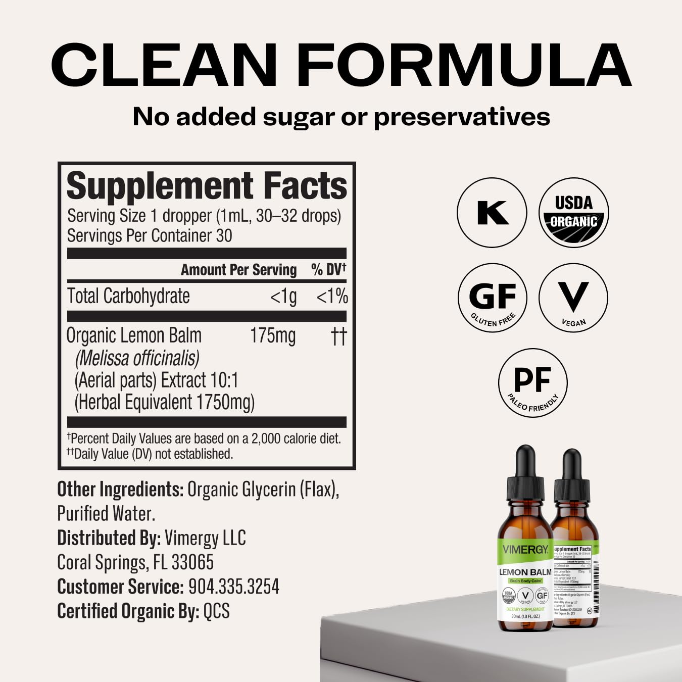 Vimergy USDA Organic Lemon Balm Tincture Herbal Supplement – Can be Used in Tea - Non-GMO, Alcohol-Free –115 mL (1 mL/Serving)