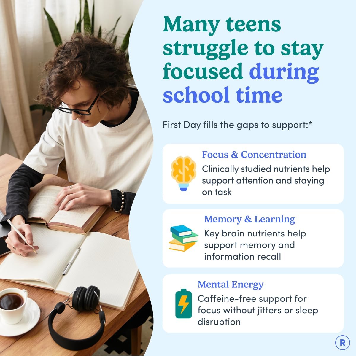 FIRST DAY Teen's Multivitamin, Calming Magnesium & Brain Focus Gummies | Daily Nutrients, Mood, & Focus | Clean Label Project Verified® | Vegan | 30-Day Supply