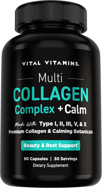 Vital Vitamins Multi Collagen Complex + Calm with Ashwagandha, 90 Capsules | Melatonin-Free Relaxation, 5 Collagen Types I, II, III, V & X with L-Theanine, Ashwagandha, GABA & Magnesium Glycinate