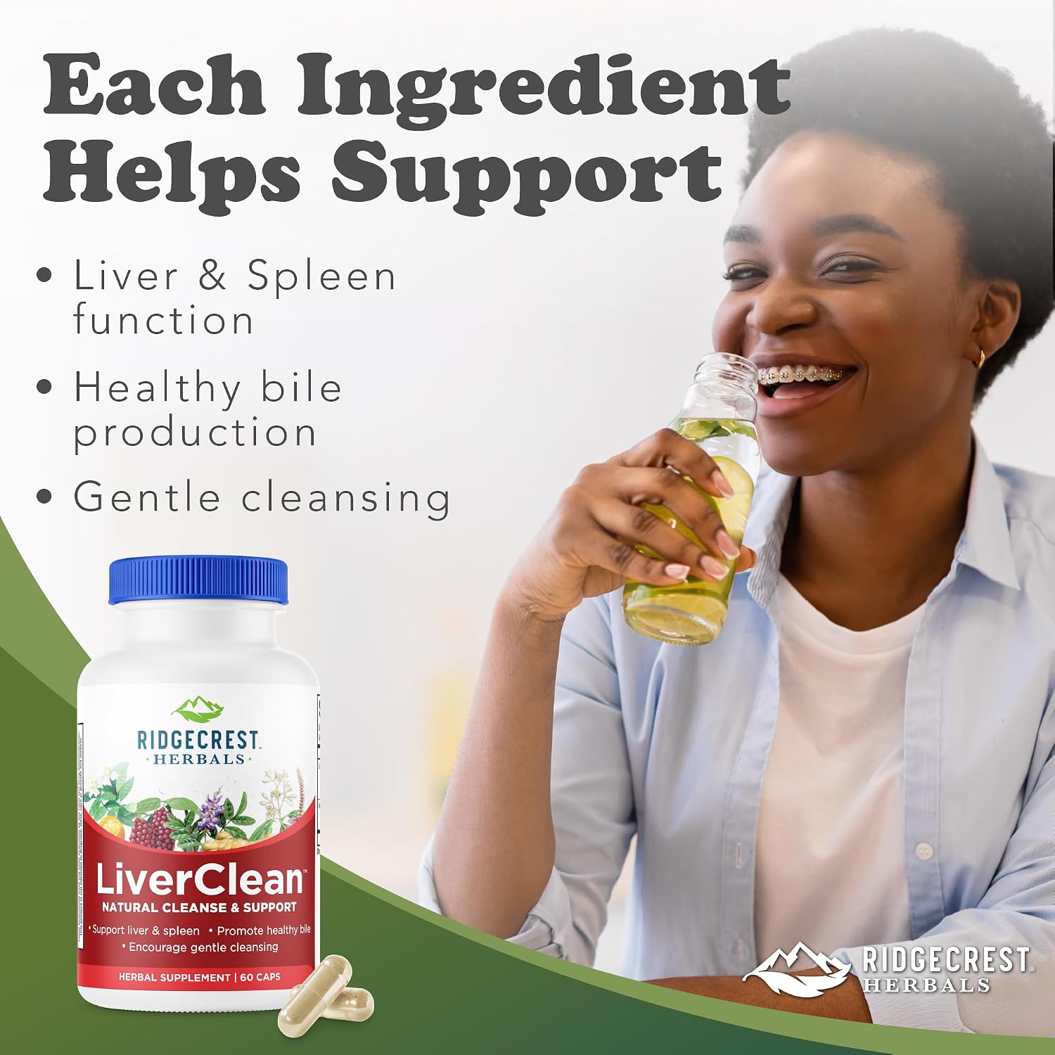 RidgeCrest Herbals LiverClean Herbal Liver Support Formula 60 Ct | 30 Servings, Blessed Thistle, Dandelion Root, Supports Healthy Bile Production, Natural Herbal Blend, Vegan Capsules