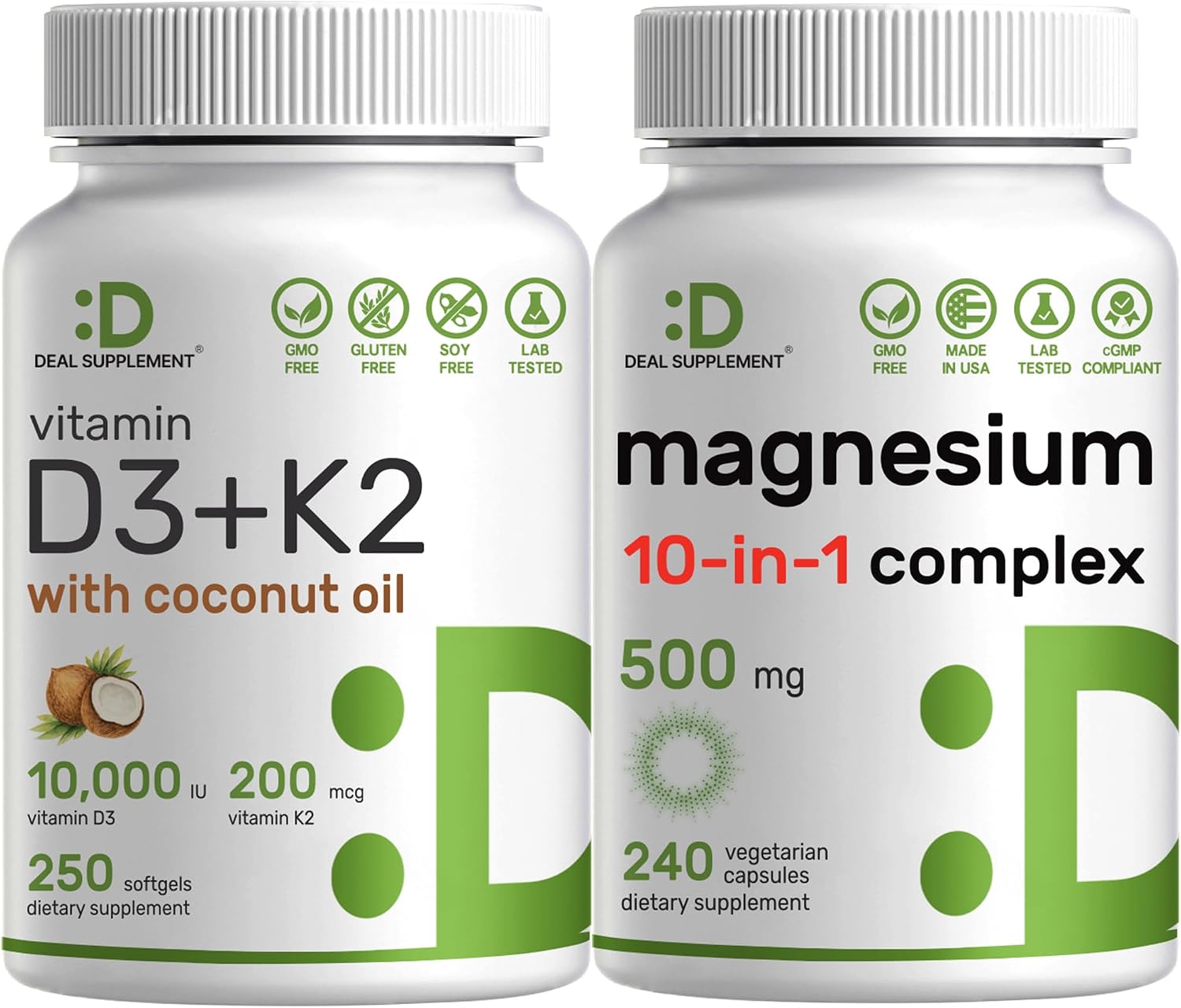 DEAL SUPPLEMENT Vitamin D3 10,000iu + K2 200mcg Softgels & Magnesium Complex Veggie Capsules Bundle – Essential Sunshine Vitamins with Coconut Oil – High Absorption Chelated Minerals, 10-in-1