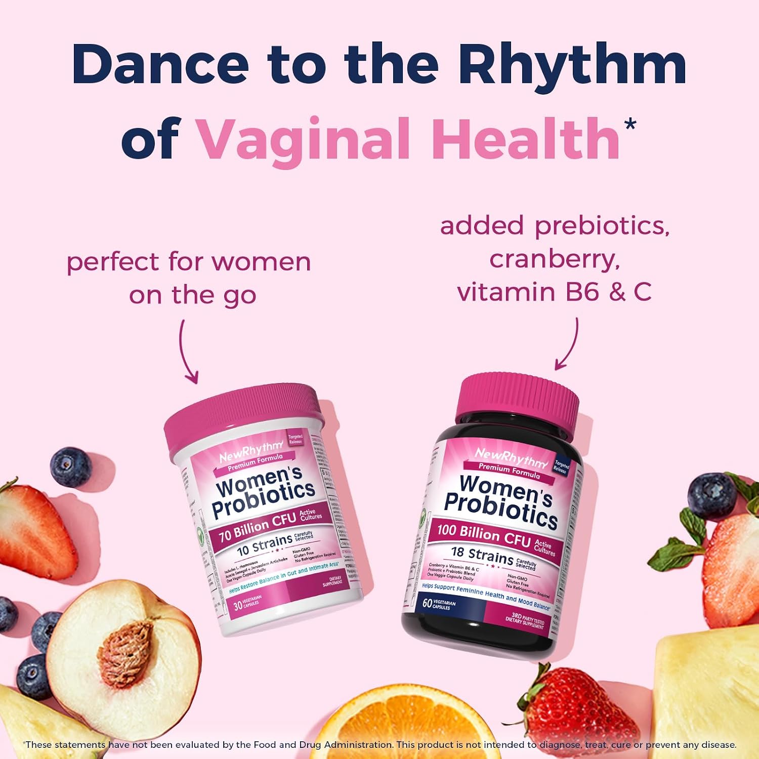 NewRhythm Women's Probiotics, Organic Prebiotics, 70 Billion CFU 10 Strains, Vaginal Probiotics for Urinary & Digestive Health, 30 Vegan Capsules, No Bloating