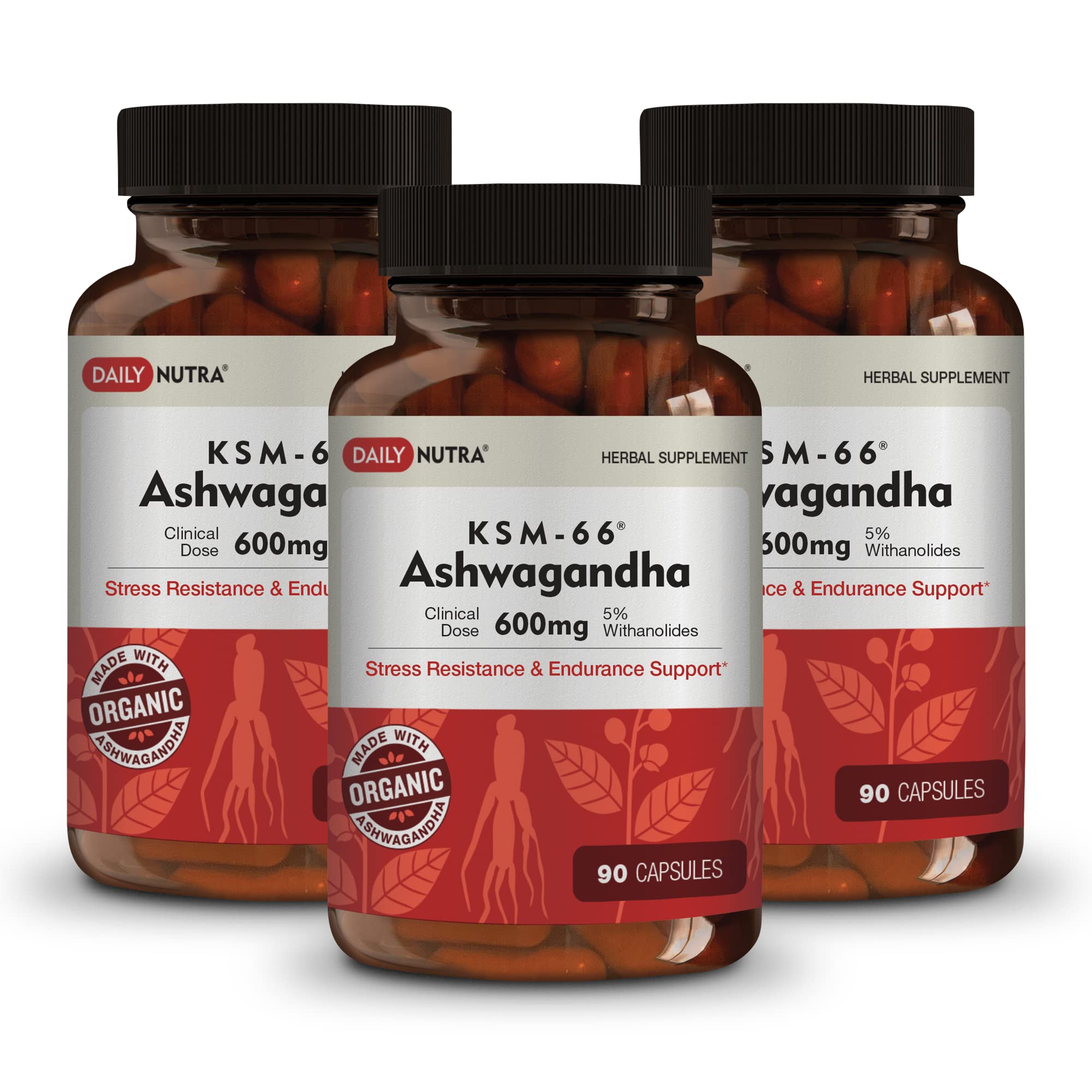 DailyNutra KSM-66 Ashwagandha 600mg Organic Root Extract - High Potency Supplement with 5% Withanolides | Relieves Tiredness, Supports Relaxation, Focus, Energy, & Muscle Growth (90 Capsules)