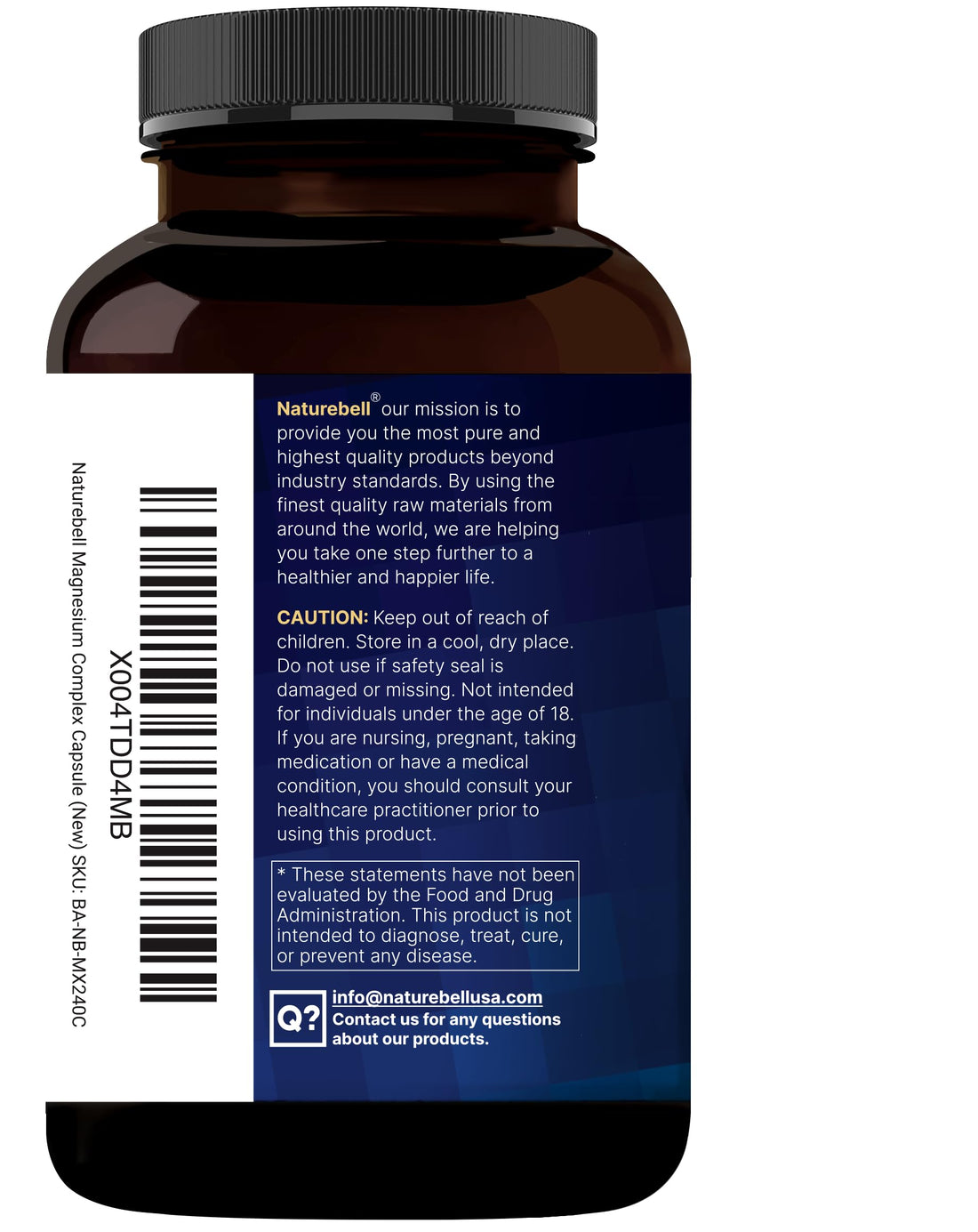 Naturebell magnesium supplement bottle with white pills on a white background