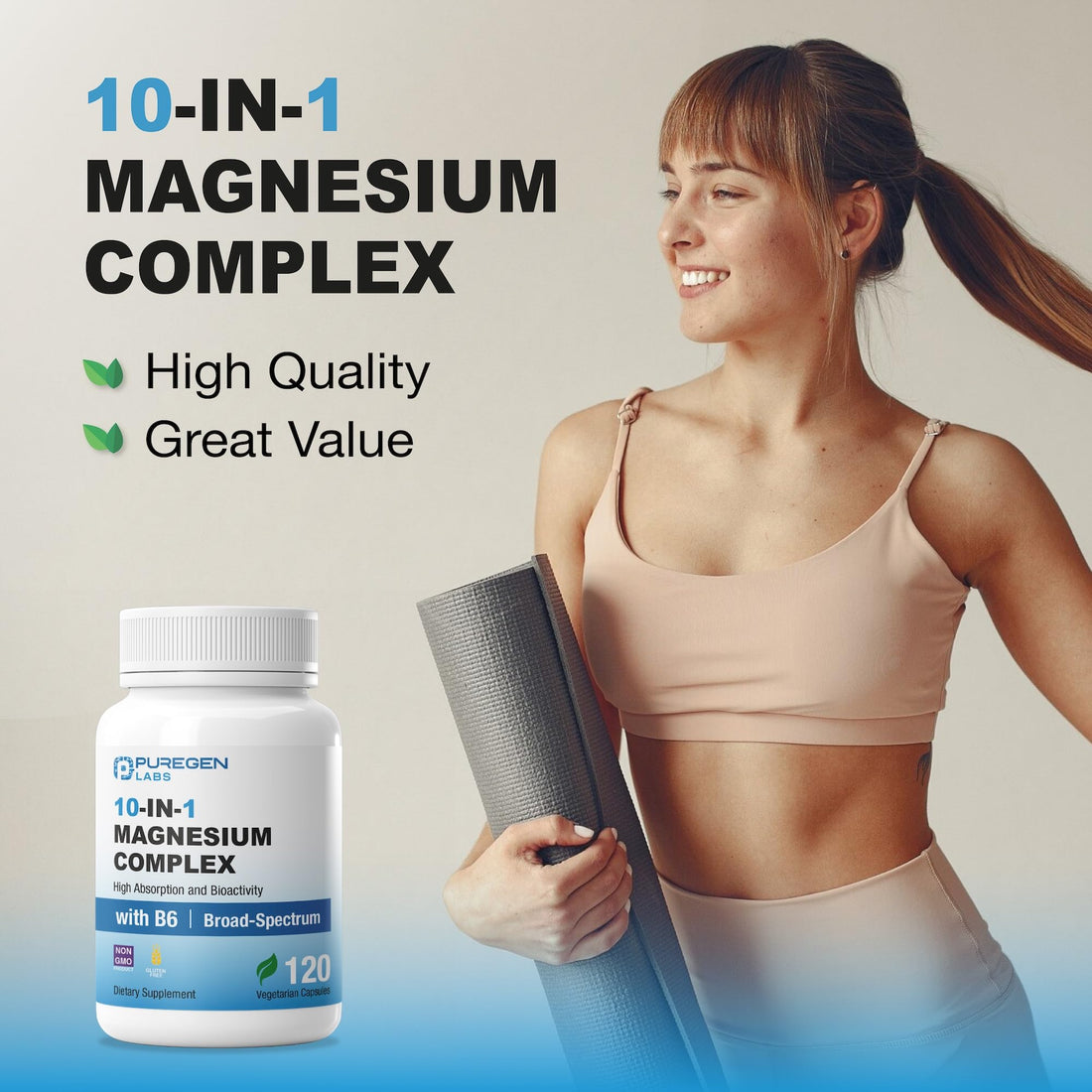 Supplement bottle labeled '10-IN-1 Magnesium Complex' by Puregen Labs on a white background