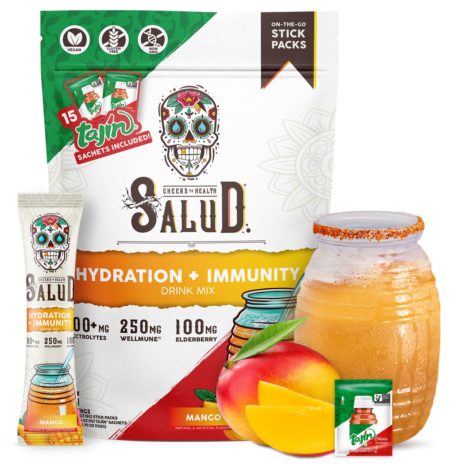 Salud 2-in-1 Hydration + Immunity Drink Mix, Cucumber Lime | Electrolytes Powder, Agua Fresca, Elderberry, Dairy & Soy Free, Non-GMO, Gluten Free, Vegan, 1g Sugar (15 Servings)