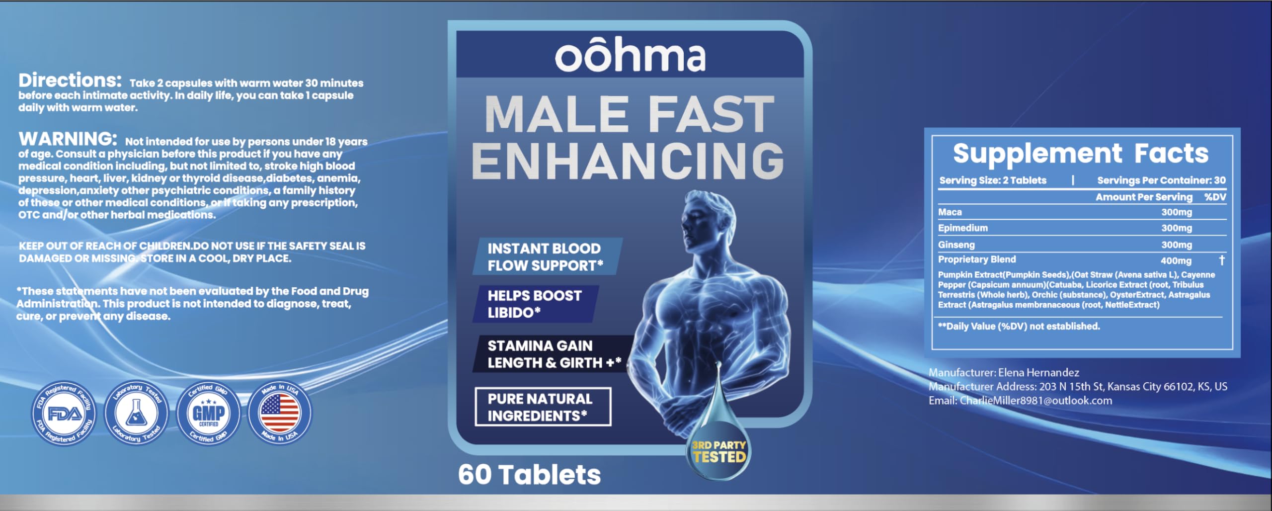 Oohma New Male Enhancing Supplement, Designed to be Fast Acting for Blood Flow to Gain Length & Girth + Stamina, Maca, Epimedium, and Other Natural Ingredients, 3rd Party Tested Supplement 60 Tablets Oohma buy supplements Au