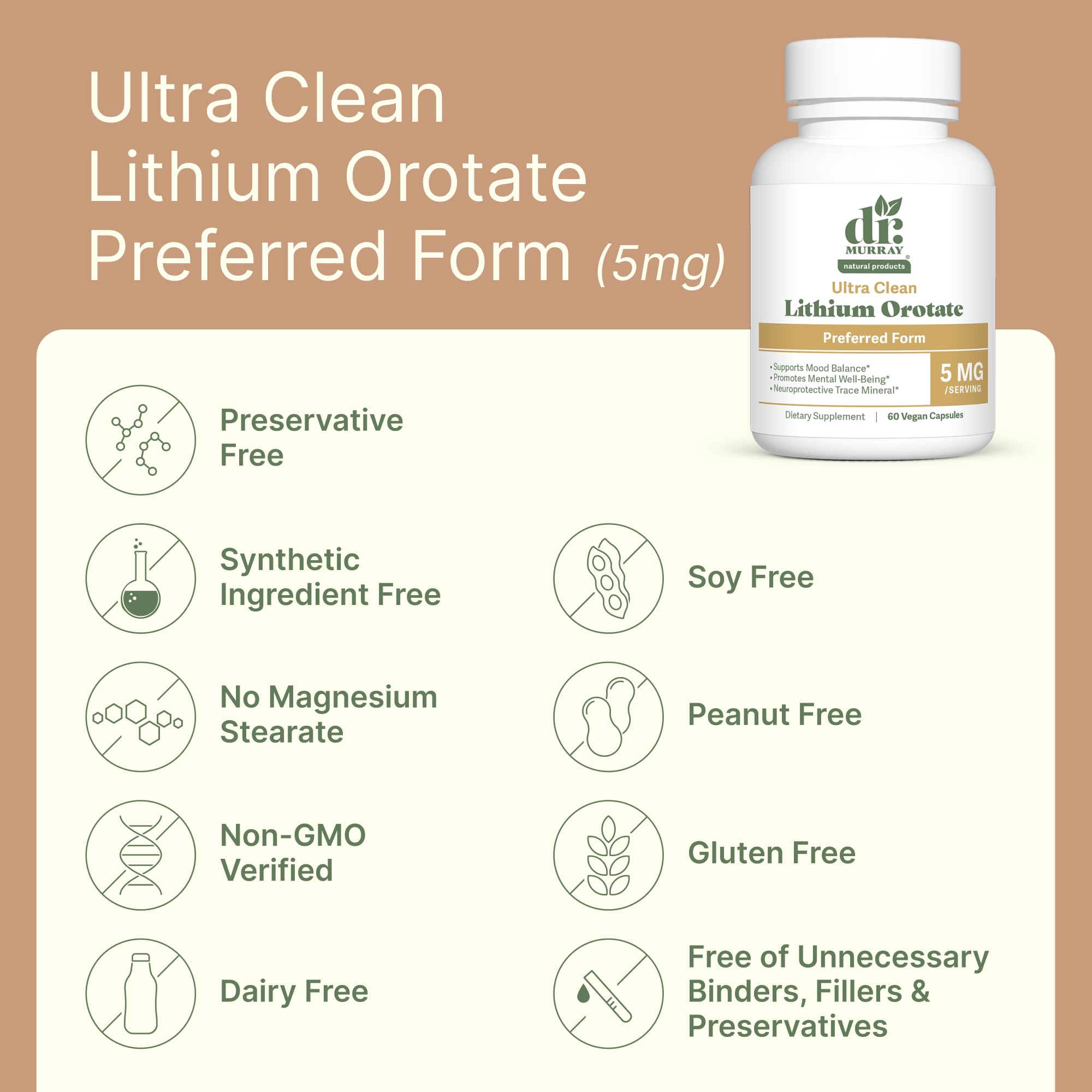 Dr. Murray's Ultra Clean Lithium Orotate 1mg Vegan Capsules - Supports Mood Balance | Cognitive Resilience | Nervous System Health | Emotional Well-Being | 90 Count