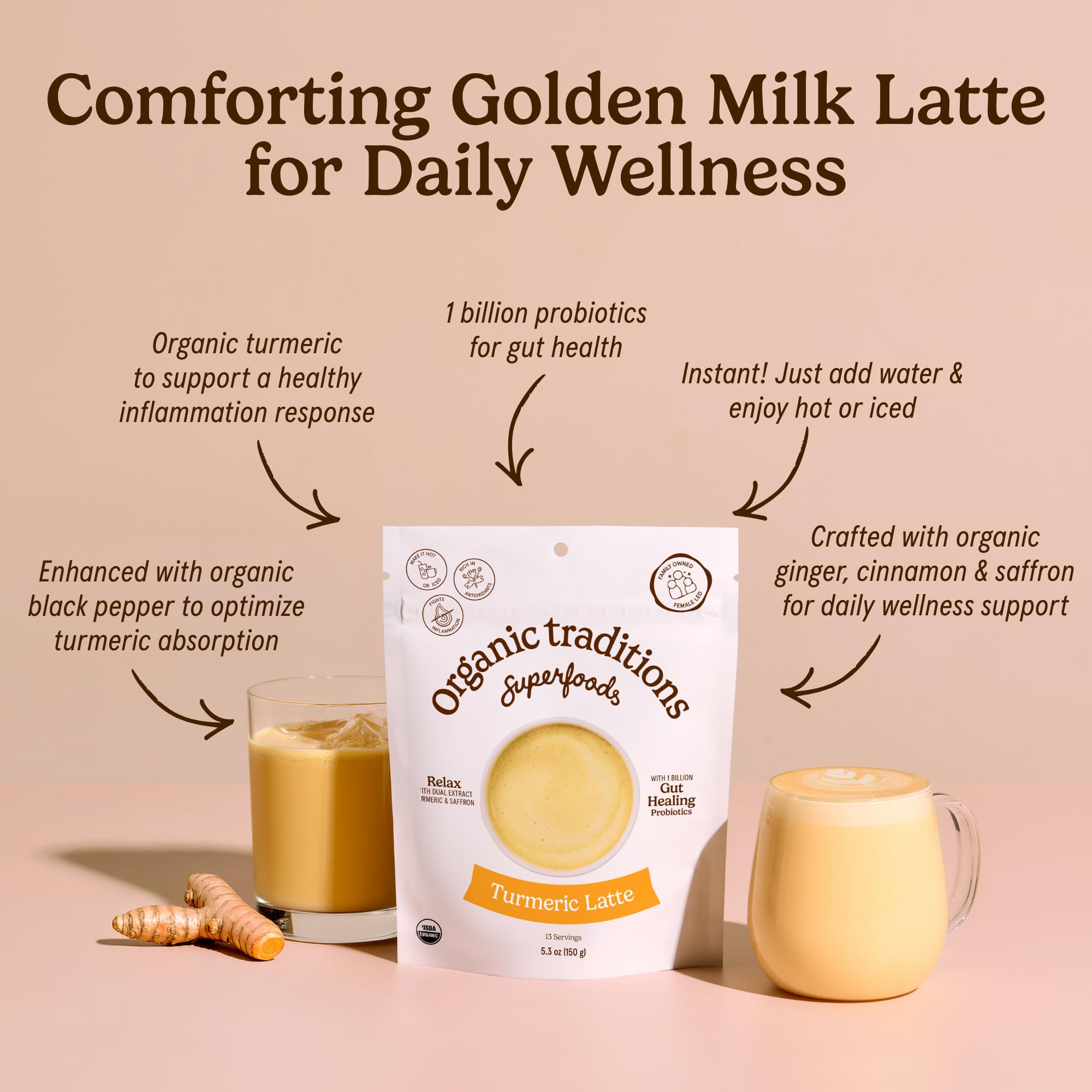 Organic Traditions Lavender Latte Calming Drink Mix, Caffeine Free Latte Blend with Lavender Powder, Tart Cherry, Probiotics, Reishi, and Ashwandha, Evening Beverage for Gentle Wind Down, 150g / 5.3oz