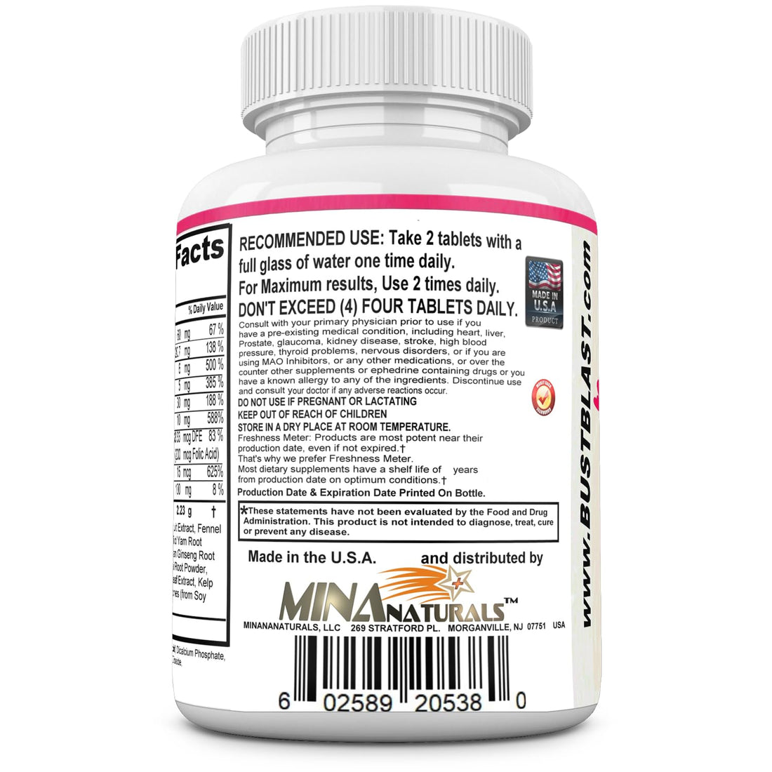 Supplement bottle labeled 'New Bust Blast' by Minanaturals on a white background