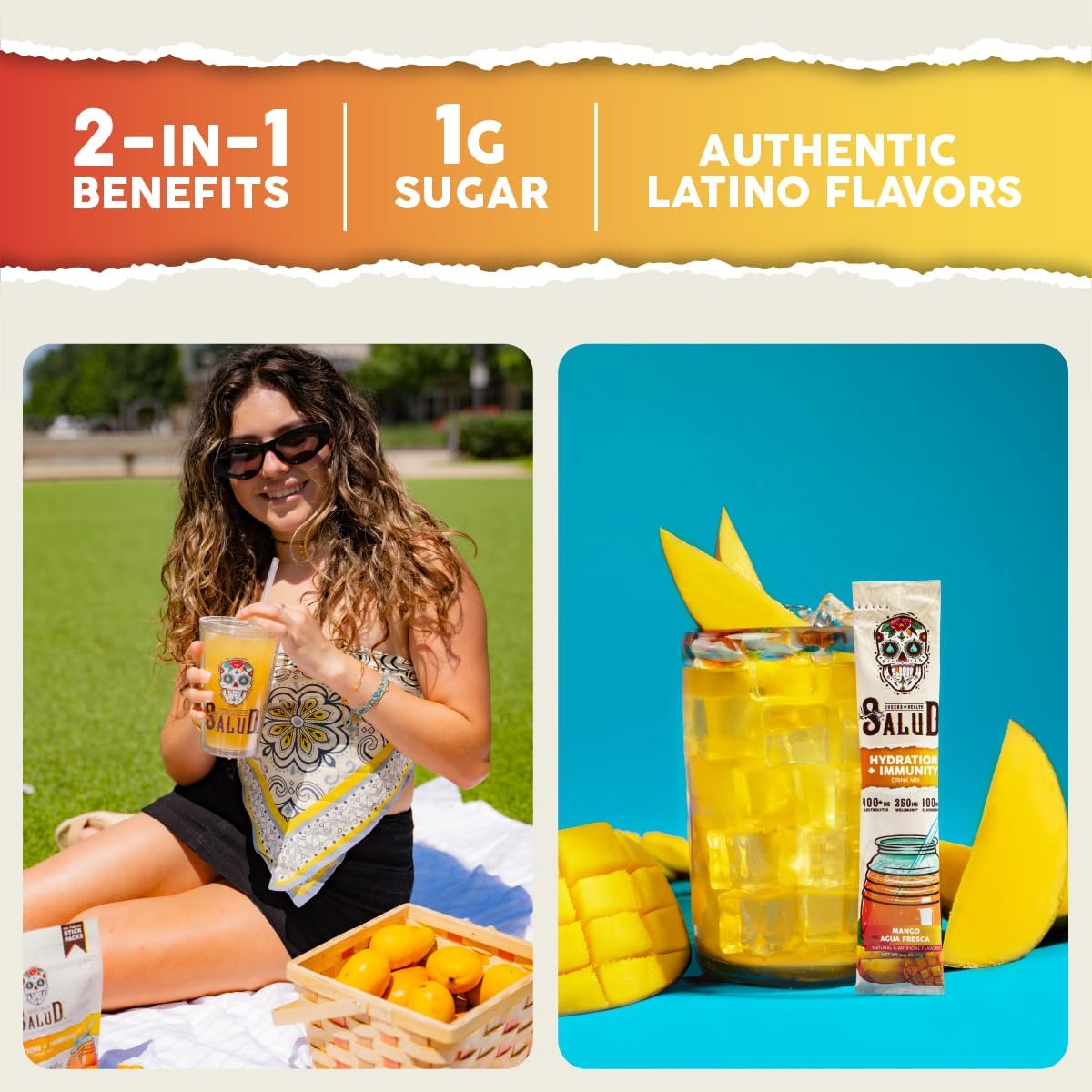 Salud 2-Pack | 2-in-1 Hydration + Immunity (Lemonade) & Hydration + Immunity (Mango) – 15 Servings Each, Agua Fresca Drink Mix, Non-GMO, Gluten Free, Vegan, Low Calorie, 1g of Sugar