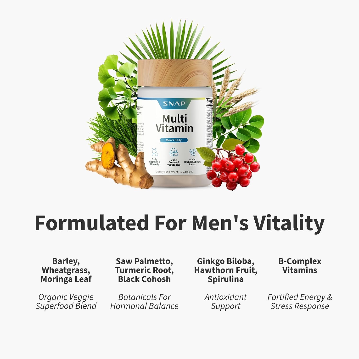 Snap Supplements Men's Daily Multivitamins, 60 Capsules, 30-Day Supply | Daily Vitamins & Minerals for Men - Vitamin D, B12, Zinc, Herbs & Vitamin C for Energy & Immune Support, Multivitamin for Men