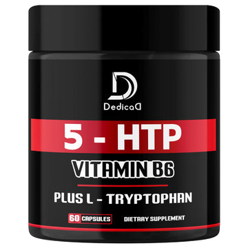 Black supplement container with red and white label displaying '5-HTP, Vitamin B6, L-Tryptophan' on a white background.