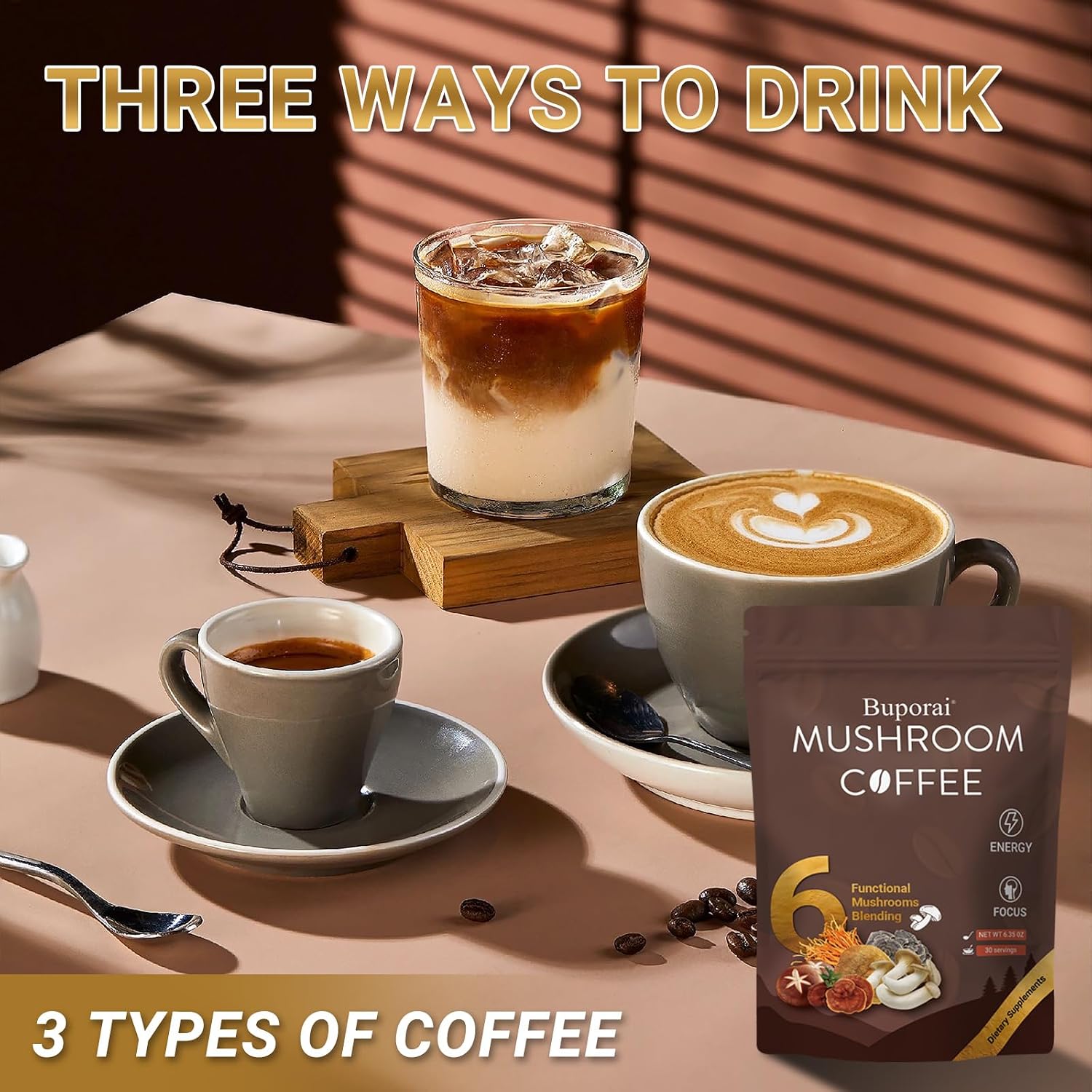 Mushroom Coffee, Instant Mushroom Coffee with 6 Mushrooms | Lion’s Mane, Cordyceps, Turkey Tail & Other for Energy, Focus, Digestion, Immunity, 30 Servings