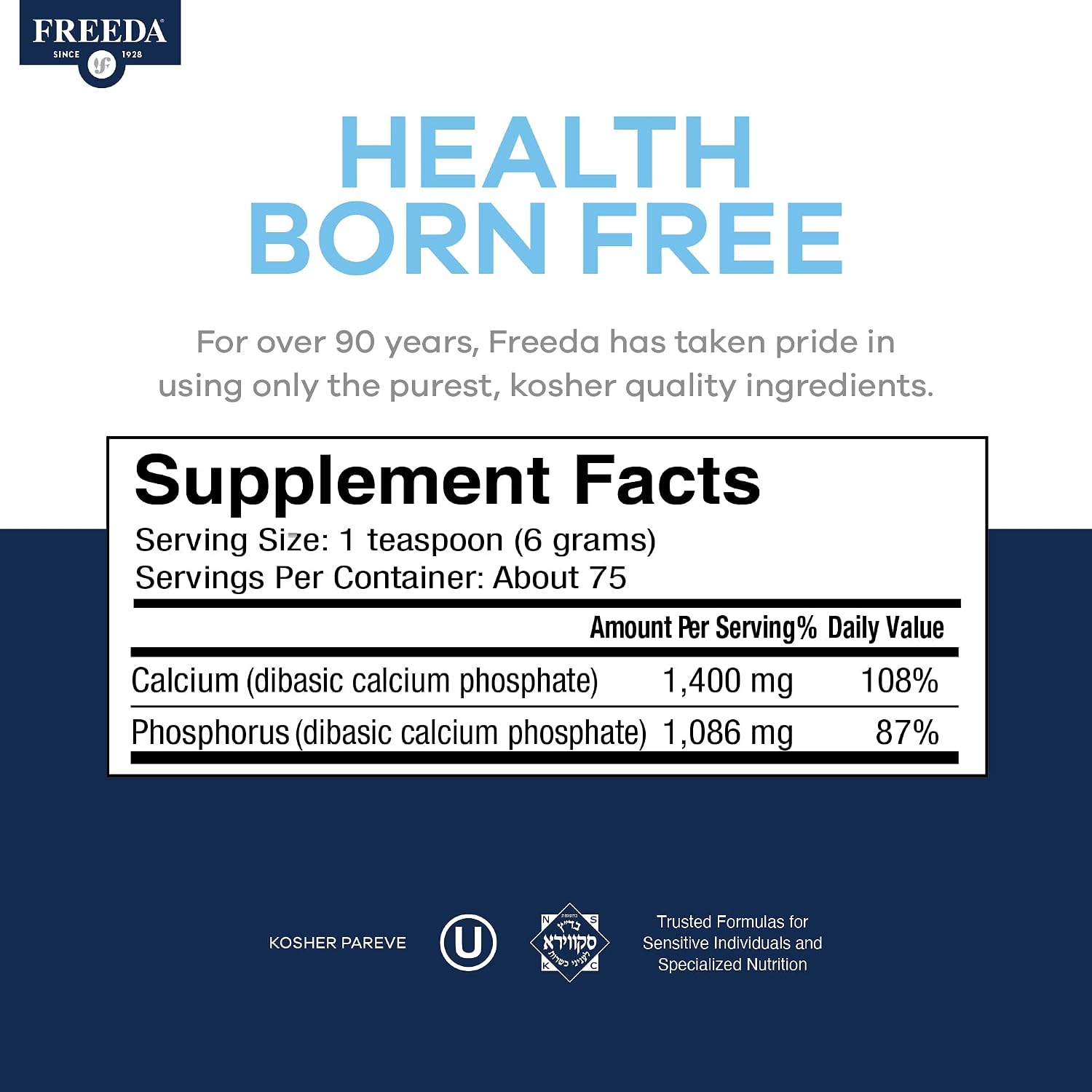 Freeda Calcium Phosphate Powder Mineral Supplement - 16 oz | Kosher Calcium and Phosphorus Powder Supplement to Support Bone Strength & Joint Health for Men, Women, Dogs, and Cats