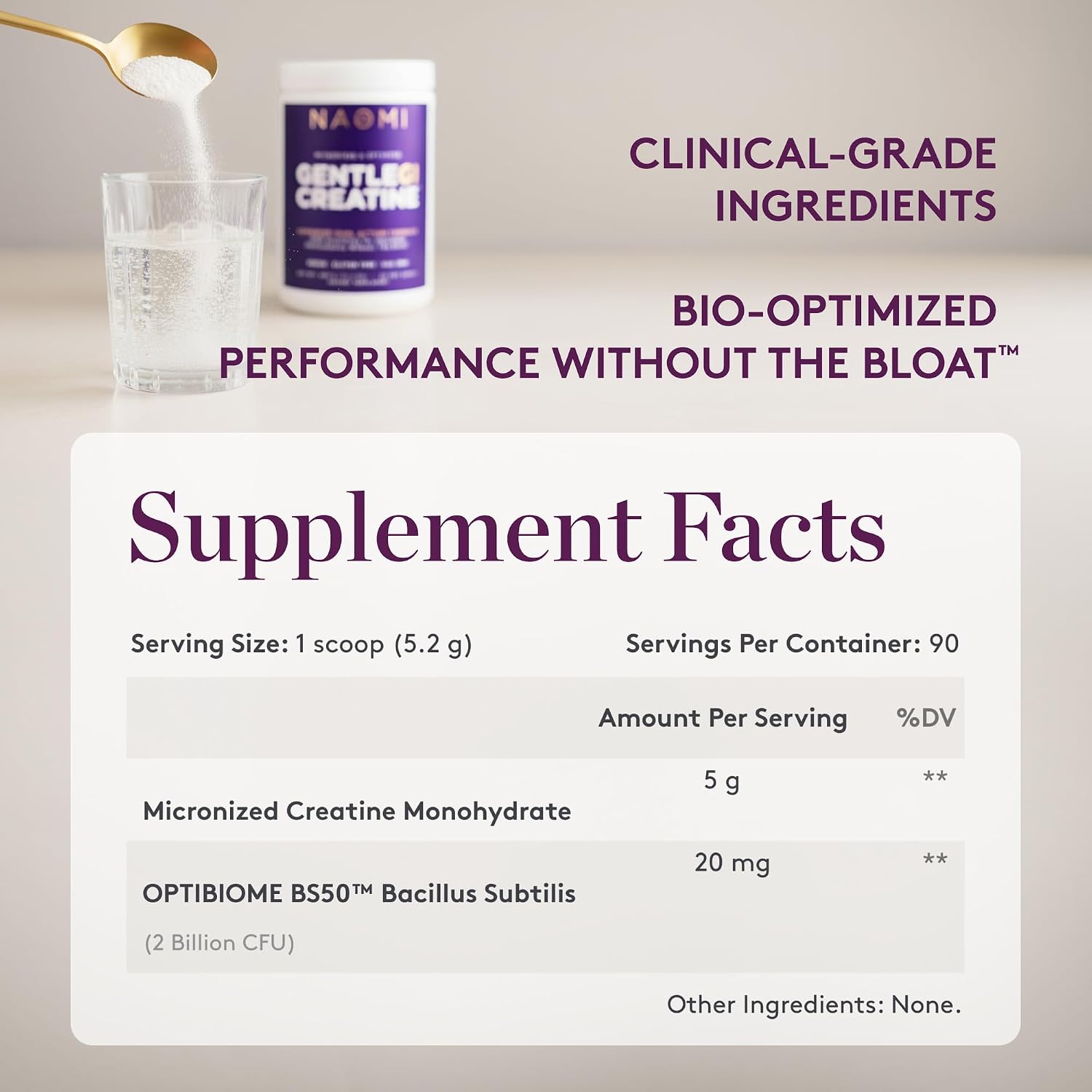 NAOMI Gentle GI Creatine with OPTIBIOME®, Gut-Friendly Creatine Monohydrate for Muscle Strength, Recovery & Mental Focus, Non-GMO, Clean, Daily Creatine Supplement for Men & Women, 90-Day Supply