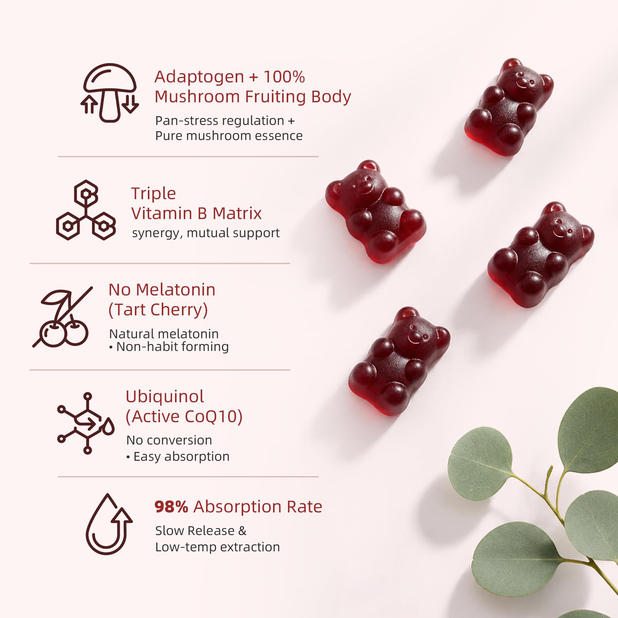 GABA & Mushroom Gummies Supplement for Sleep & Brain Support,Extra Strength | Plus Mushroom Complex, 5‑HTP & Tart Cherry, No Melatonin for Natural Sleep, Berry Flavor-Sugar Free, 60 Gummies