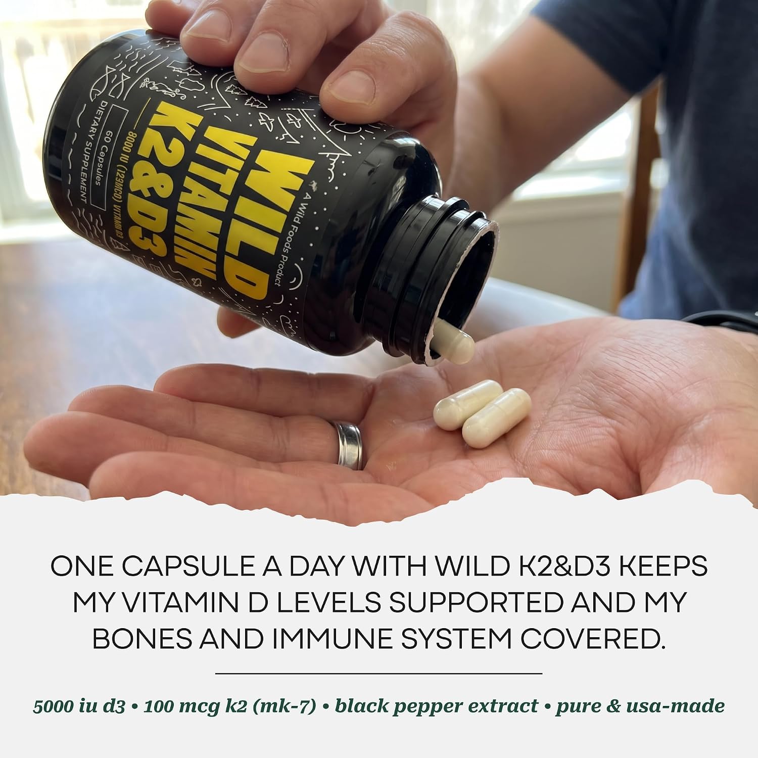 Wild Foods 5000iu Vitamin D3 + K2 | (100mcg Mk7) with Black Pepper Extract, Plant-Based, Non-GMO, Soy & Gluten-Free | Dietary Supplement | Made in USA | 60 Capsules