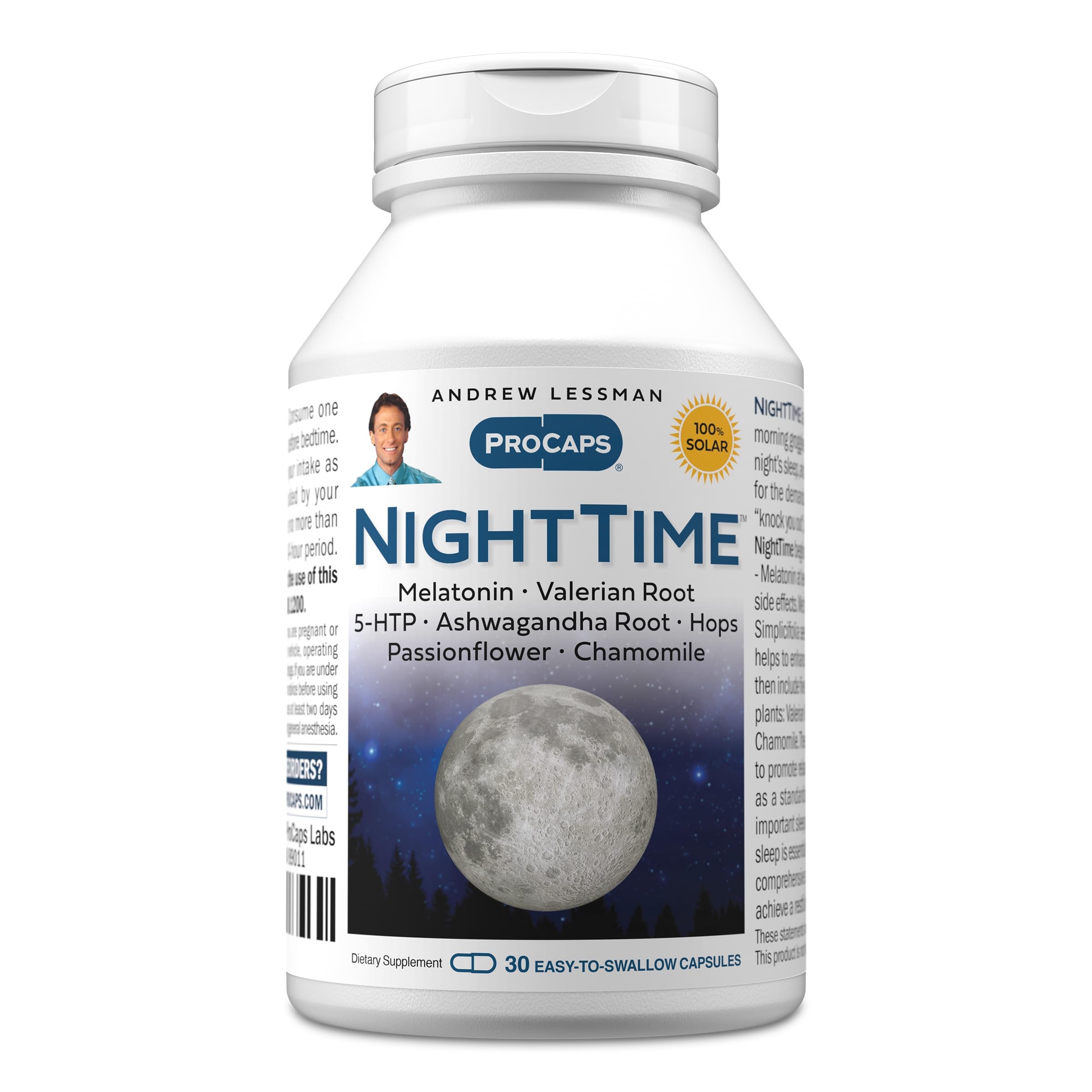 Andrew Lessman ProCaps Night Time Sleep Support 3mg Melatonin 60 Capsules | 3mg Melatonin with 5-HTP, Ashwagandha & five calming botanicals. Designed for restful sleep without morning grogginess.