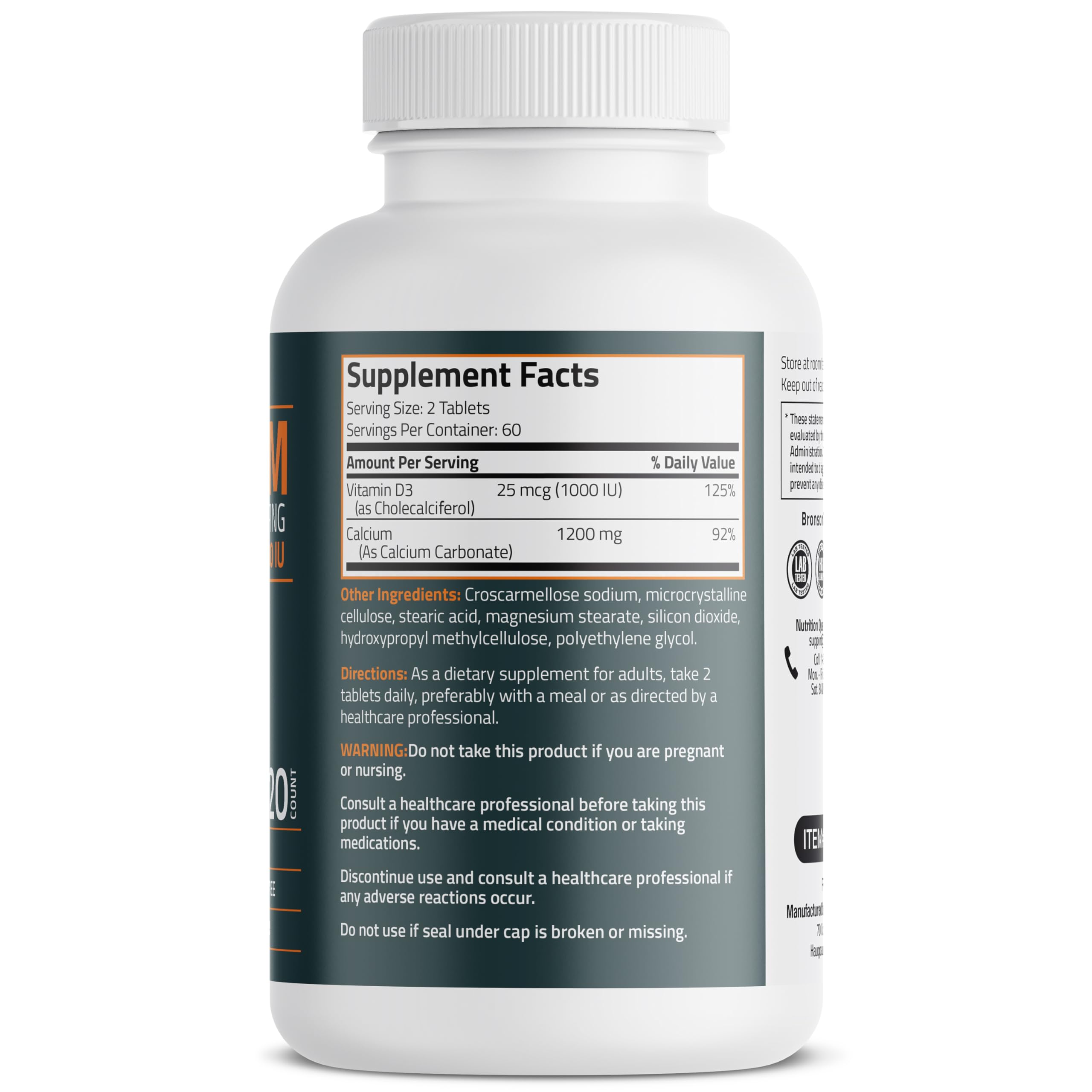 Bronson Calcium 1200mg Per Serving Plus Vitamin D3 1000 IU High Potency Formula, Non-GMO, 120 Tablets