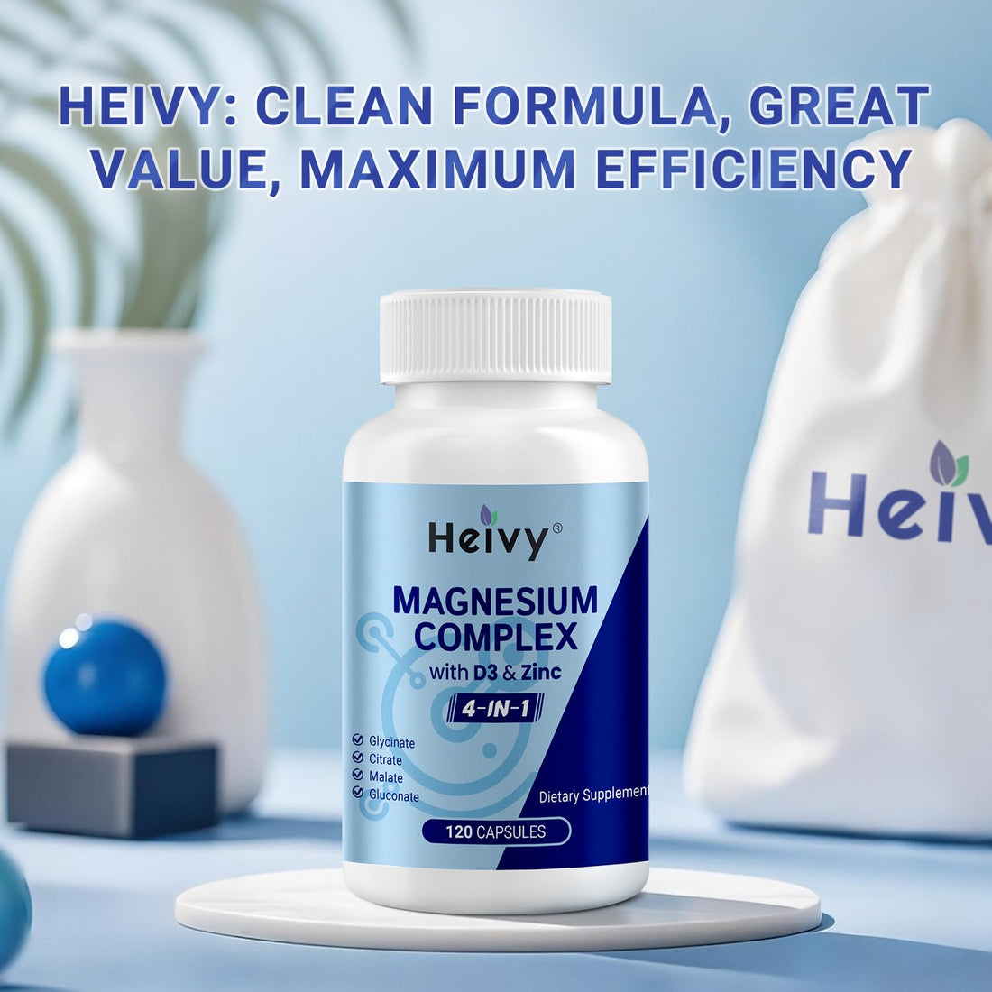 Supplement bottle labeled 'Heivy Magnesium Complex with D3 & Zinc' on a white background