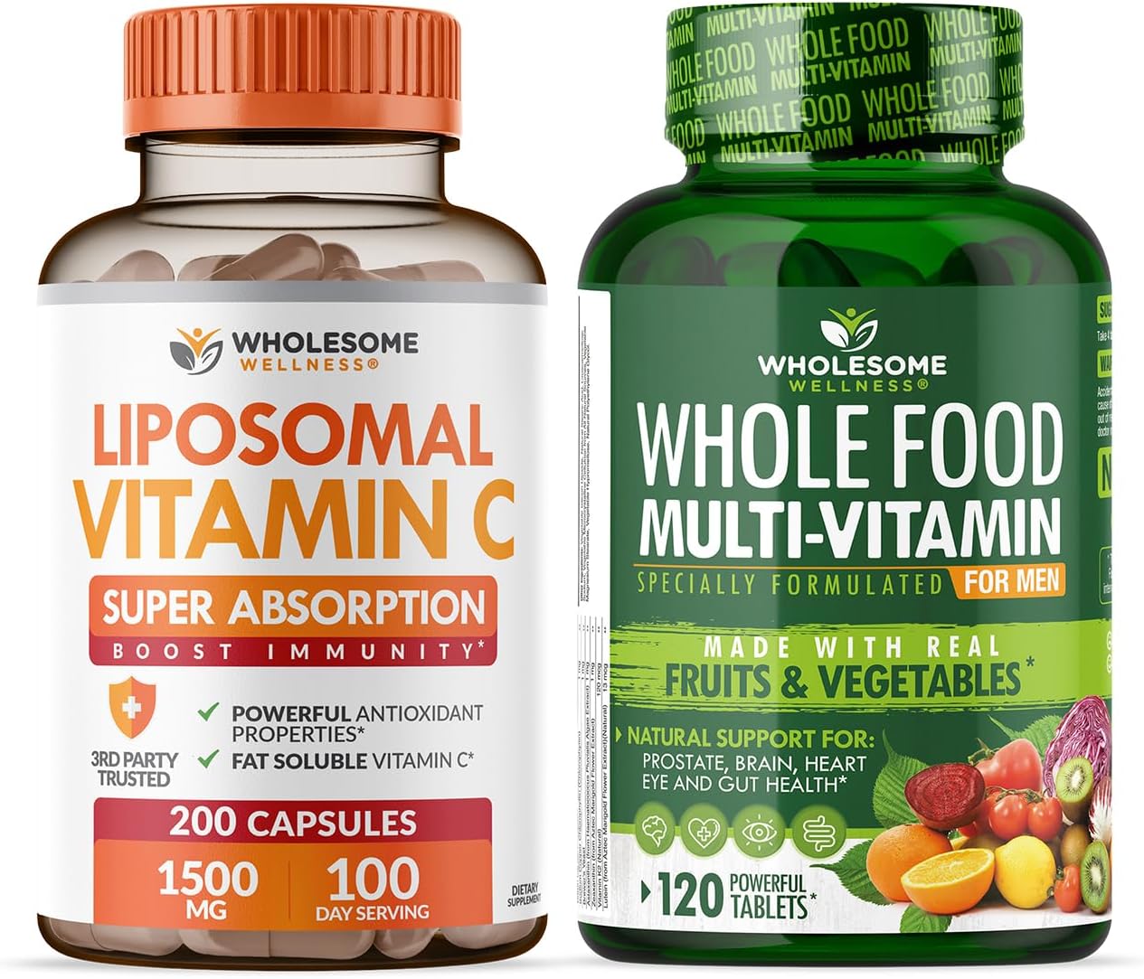 Wholesome Wellness Liposomal Vitamin C Capsules (200 Pills 1500mg Buffered) High Absorption + Food Multivitamin for Men - Natural Multi Vitamins, Minerals, Organic Extracts Bundle