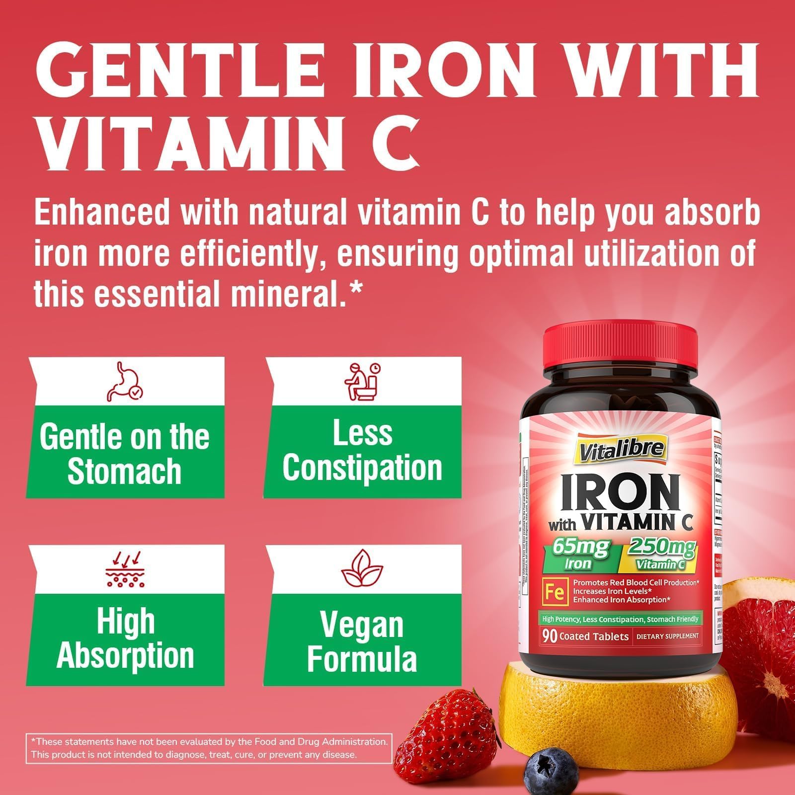 Iron Supplement, 65mg Carbonyl Iron with 250mg Vitamin C, Stomach Friendly | Iron Pills for Blood Building Women & Men, High Absorption, No Nausea, No Constipation, Non-GMO, No Gluten, 60 Vegan Tabs