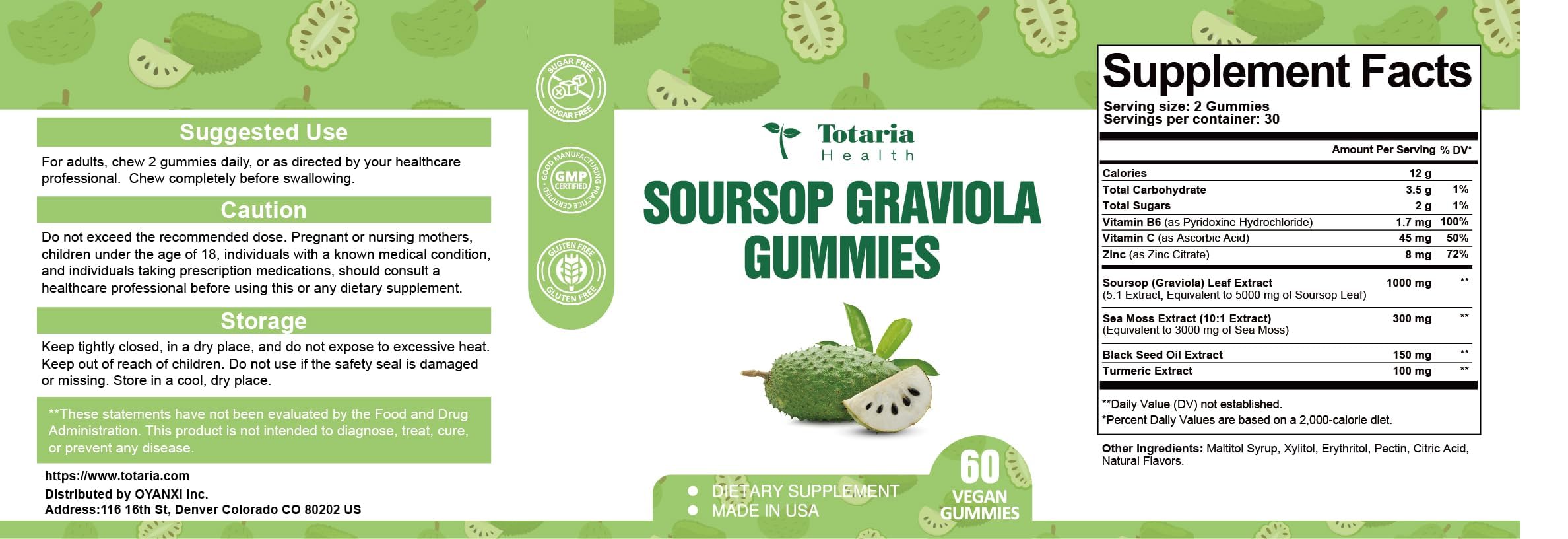 Totaria Sugar Free Soursop Oil Graviola Sea Moss Gummies - Support Digestive Sleep Skin Health, Immunity & Antioxidant - Guanabana Fruit with Sea Moss, 150mg Black Seed Oil Organic Non-GMO Vegan