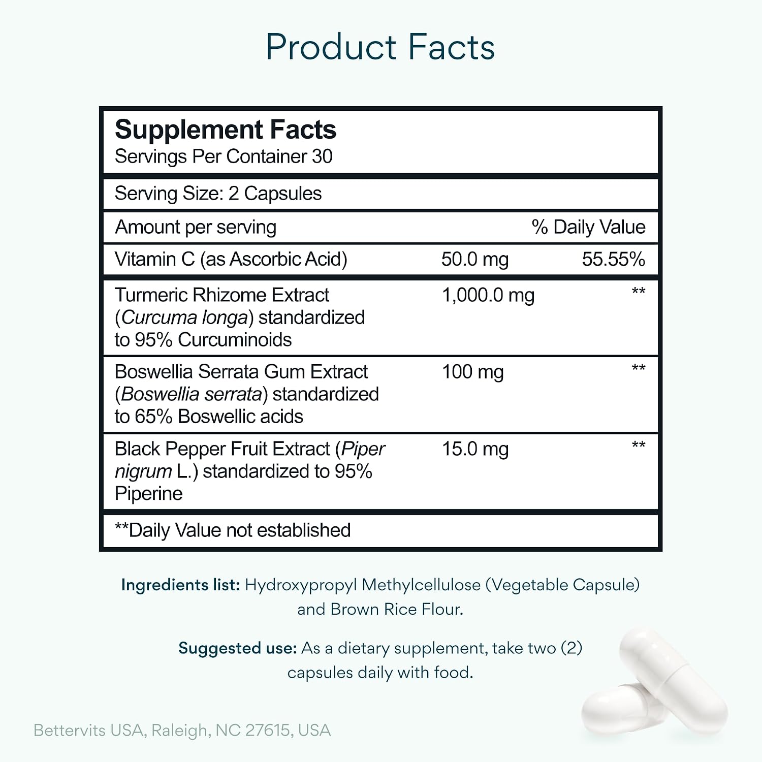Bettervits Turmeric Curcumin Supplement with Black Pepper and Boswellia Serrata | Organic 1000mg Turmeric Supplement for Enhanced Absorption and Vitamin C | Joint Support - Non-GMO | 60 Vegan Capsules