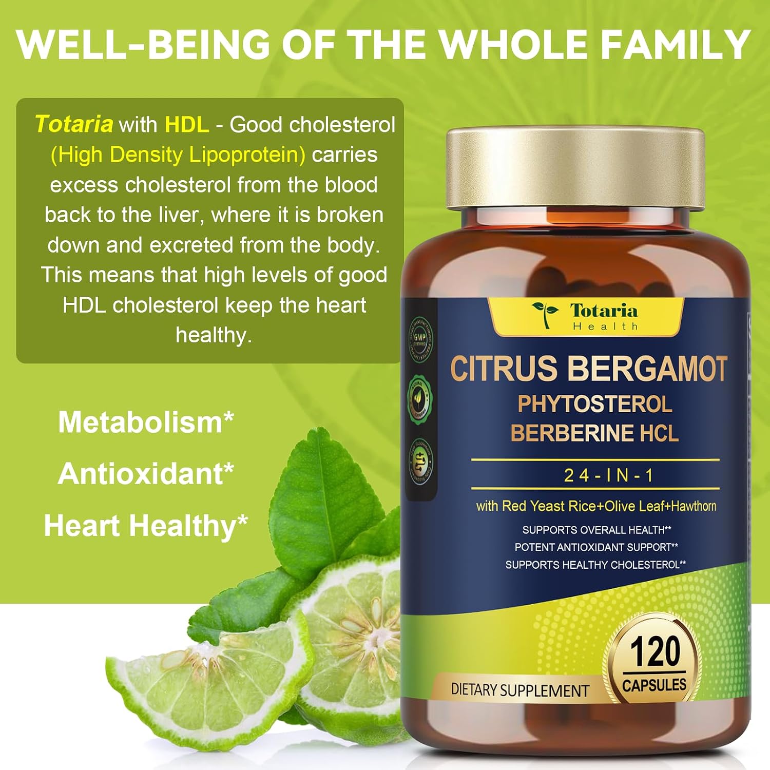 Citrus Bergamot Supplement for High Cholesterol - Italian Citrus Bergamot & Plant Sterols Stanols Natural Way to Balance Cholesterol Level, Vegan, Non-GMO, 120 Counts
