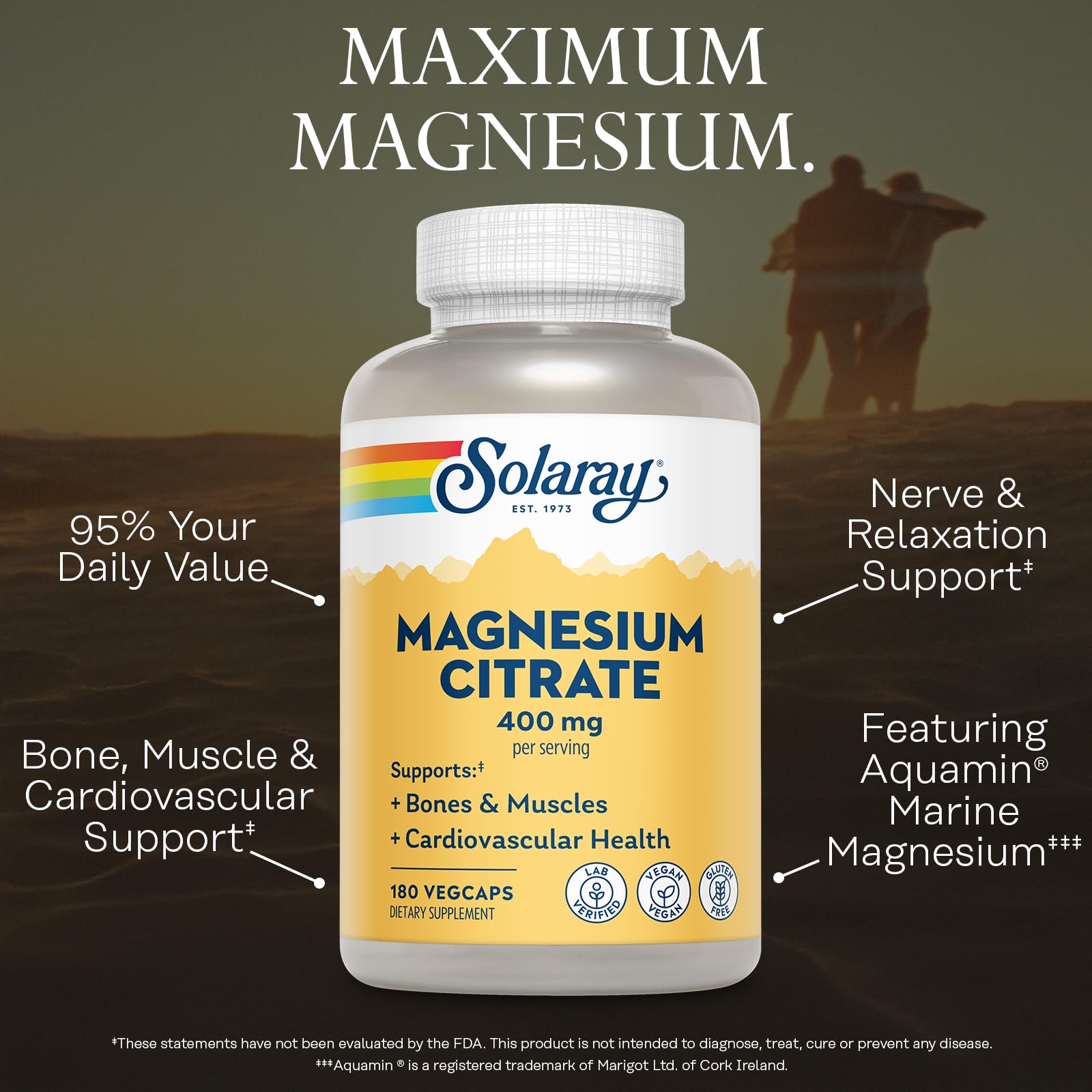 SOLARAY Magnesium Citrate 400mg - Magnesium Supplement - Bone Health, Muscle, Relaxation and Heart Health Support - Vegan, Gluten Free - 60 Servings, 180 VegCaps