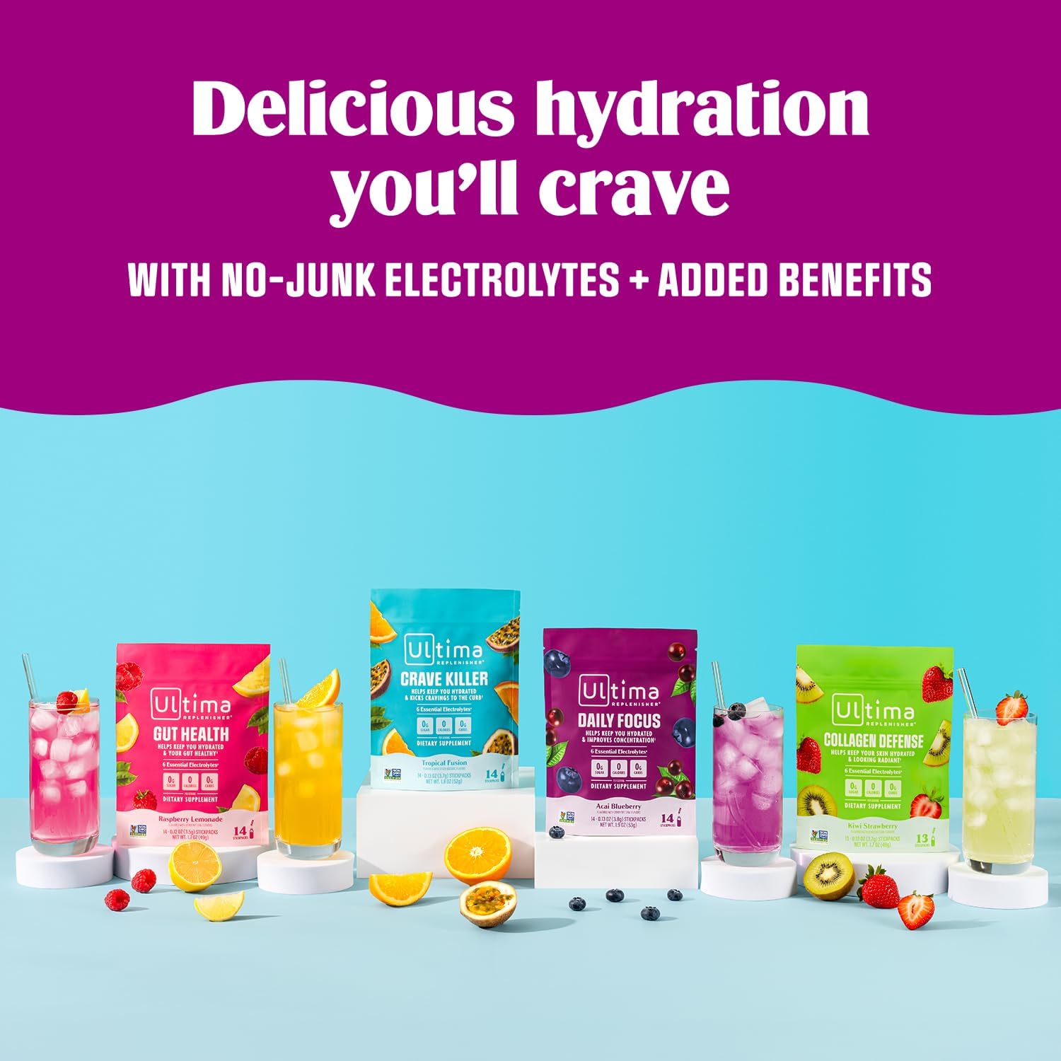 Ultima Replenisher Gut Health Supplement, Raspberry Lemonade, 14 Stickpacks | Daily Zero Sugar Electrolyte Powder Hydration Packets with 6 Key Electrolytes, Prebiotics & Probiotics for Gut Health Support
