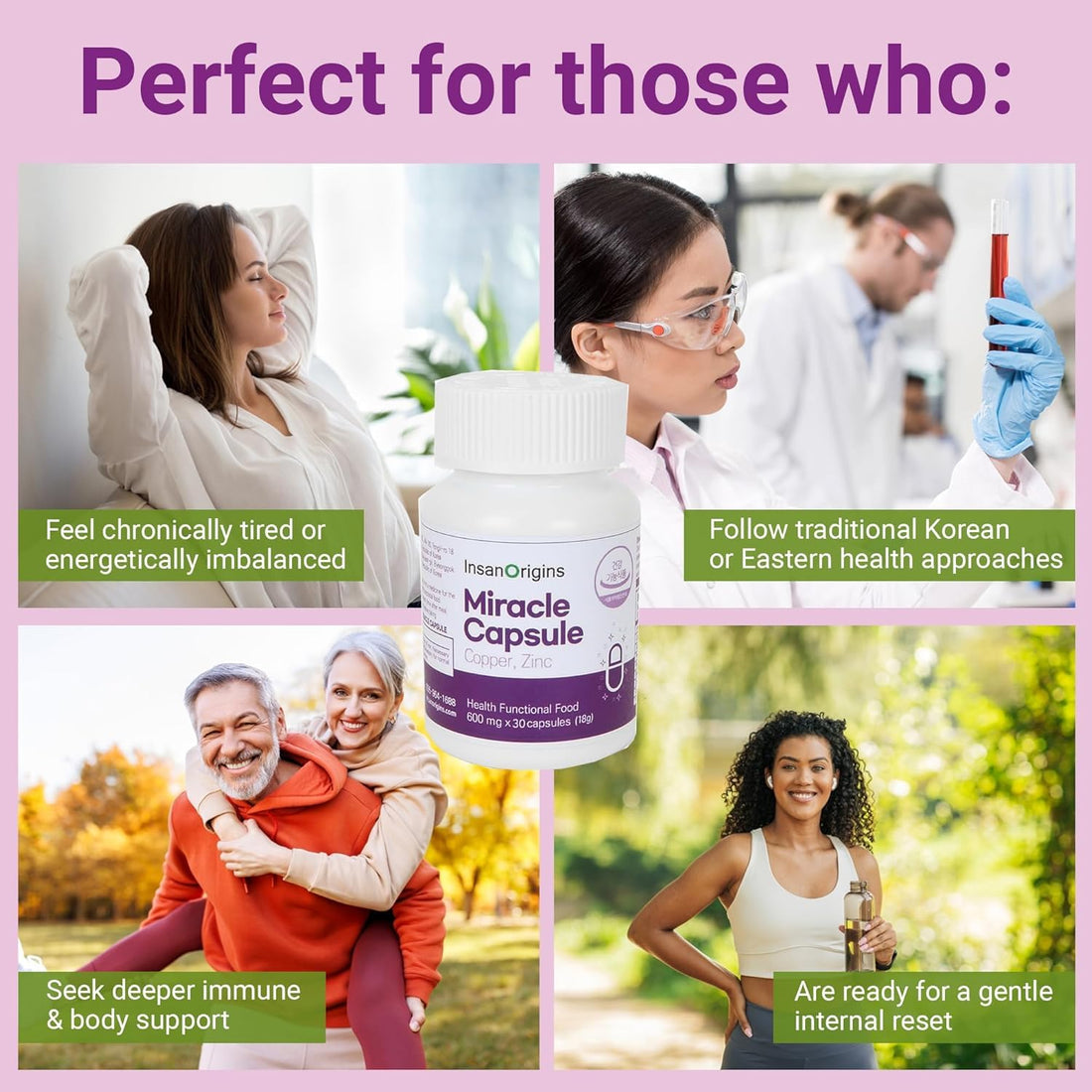 White supplement bottle with purple label on a white background