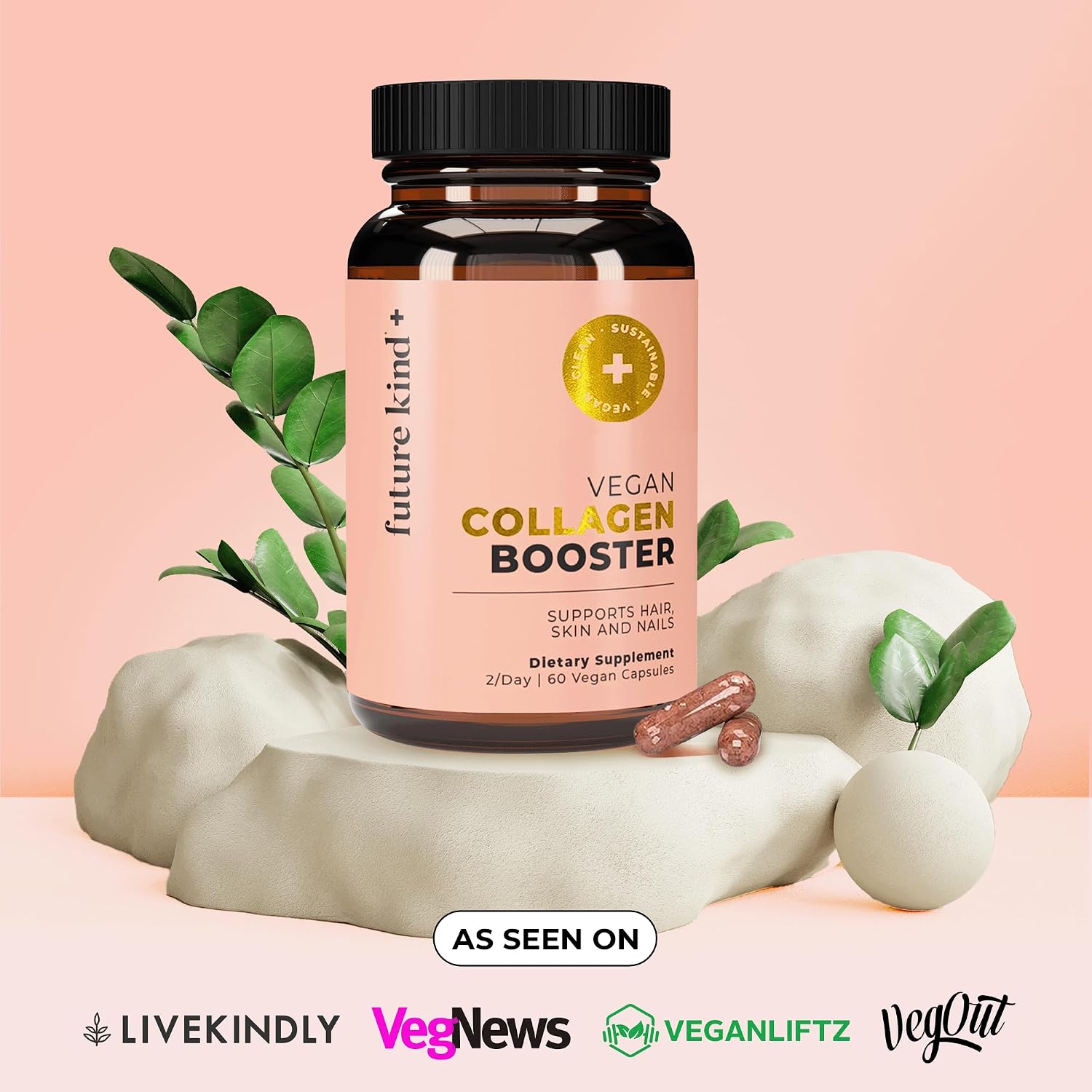 Future Kind Vegan Collagen - Supports Collagen Production with Biotin and Vitamin C (60 Capsules in Glass Bottle)