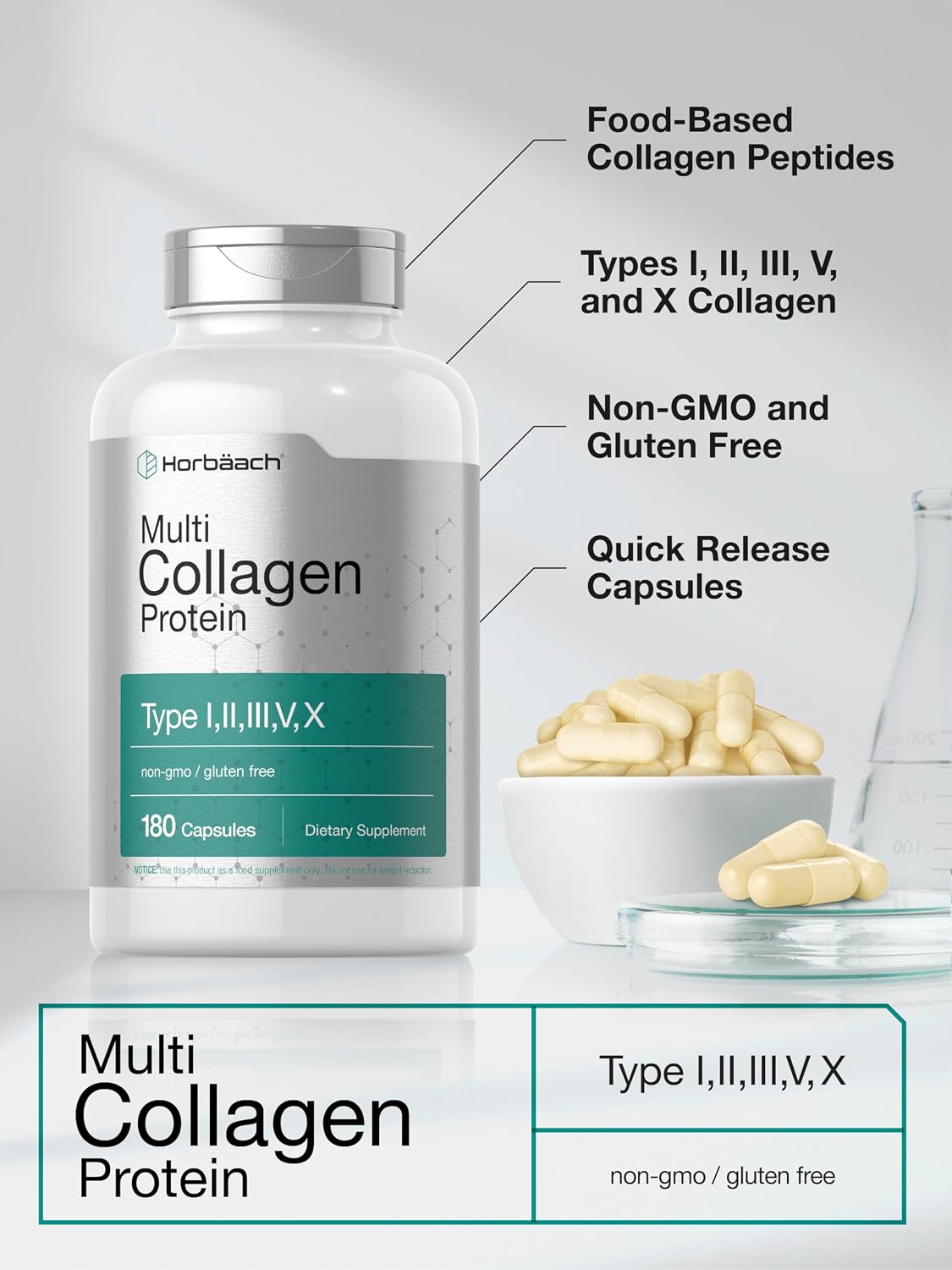 Horbäach Multi Collagen Protein 2000 mg | 180 Capsules | Type I, II, III, V, X | Keto & Paleo Friendly | Non-GMO, Gluten Free Supplement