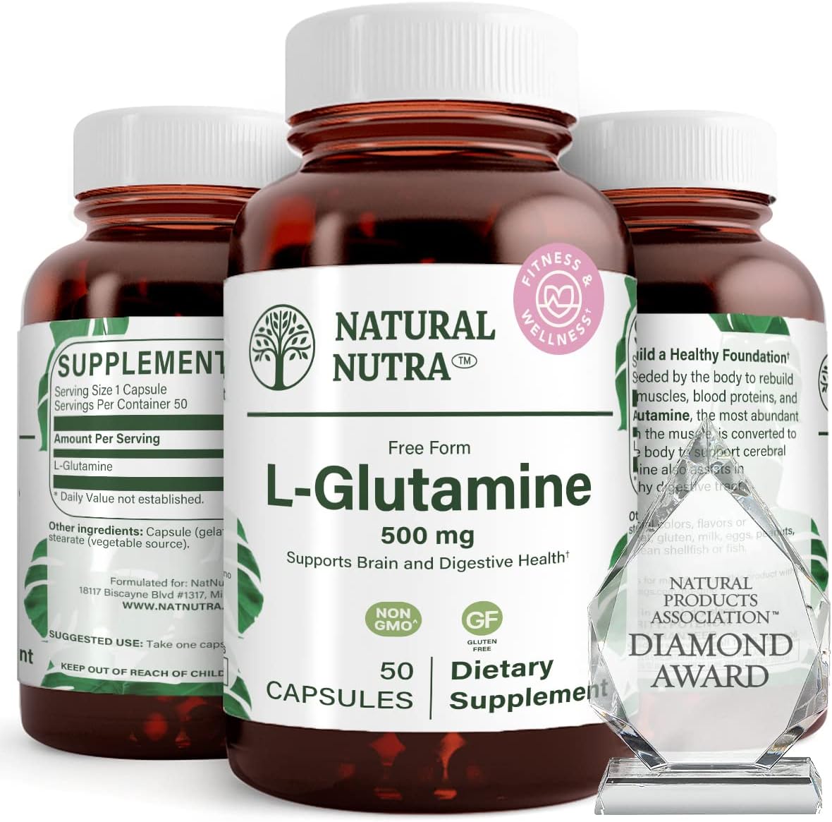 Natural Nutra L-Glutamine Supplements, 500 mg, 50 Capsules | Helps to Promote Optimal Brain Functioning, Supports Digestive Functioning, Improves Muscle Health & Boosts Memory & Focus