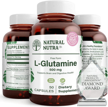 Natural Nutra L-Glutamine Supplements, 500 mg, 50 Capsules | Helps to Promote Optimal Brain Functioning, Supports Digestive Functioning, Improves Muscle Health & Boosts Memory & Focus