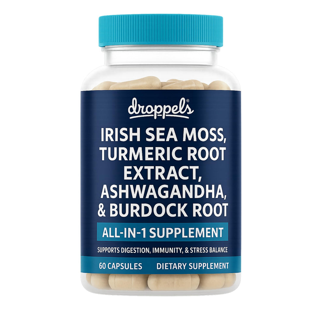 Supplement bottle with blue cap and label on a white background