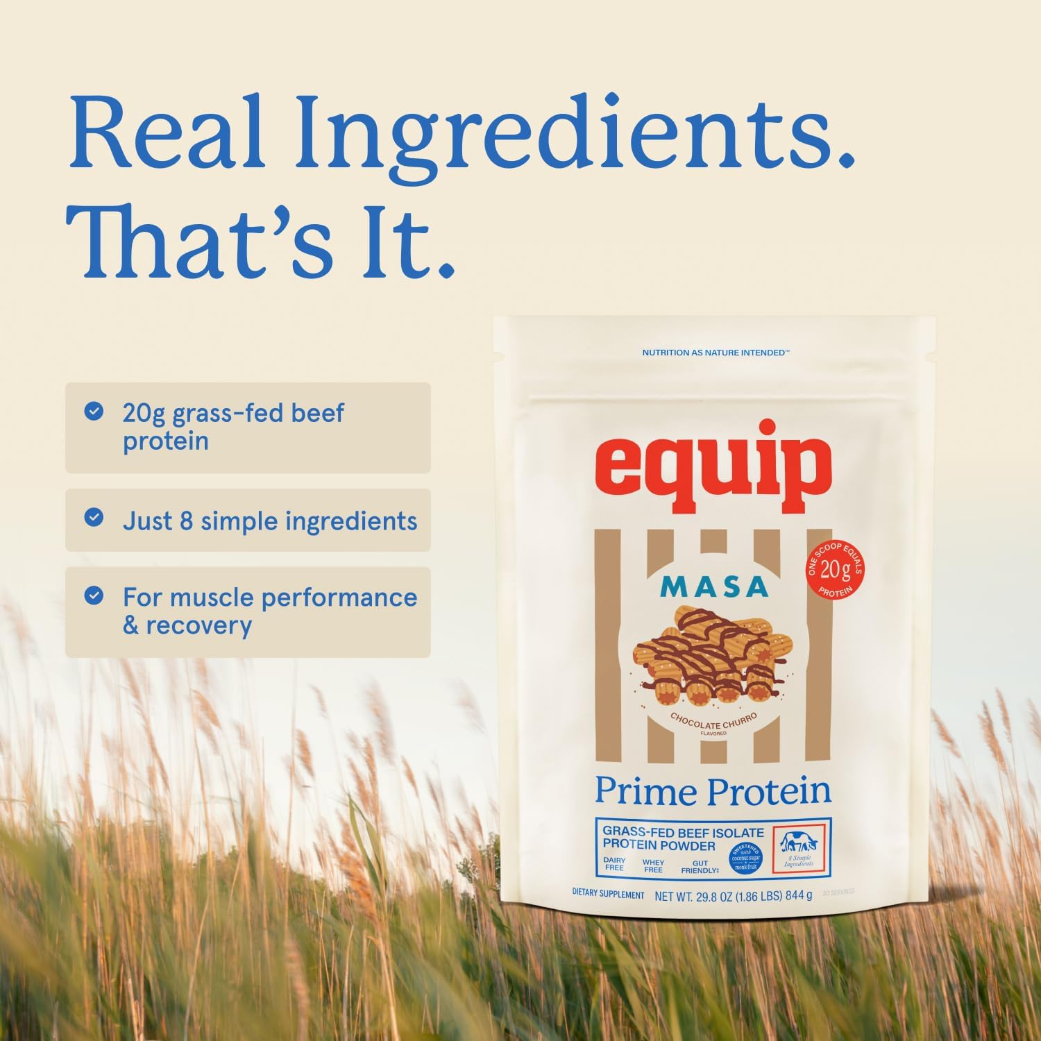 Equip Prime Chocolate Churro Protein Powder - Gut-Friendly, No Sugar Protein Shake Powder with Grass-Fed Beef & Natural Collagen - Rich & Creamy Mix - 21g Per Serving - Whey & Dairy-Free (30 Scoops)