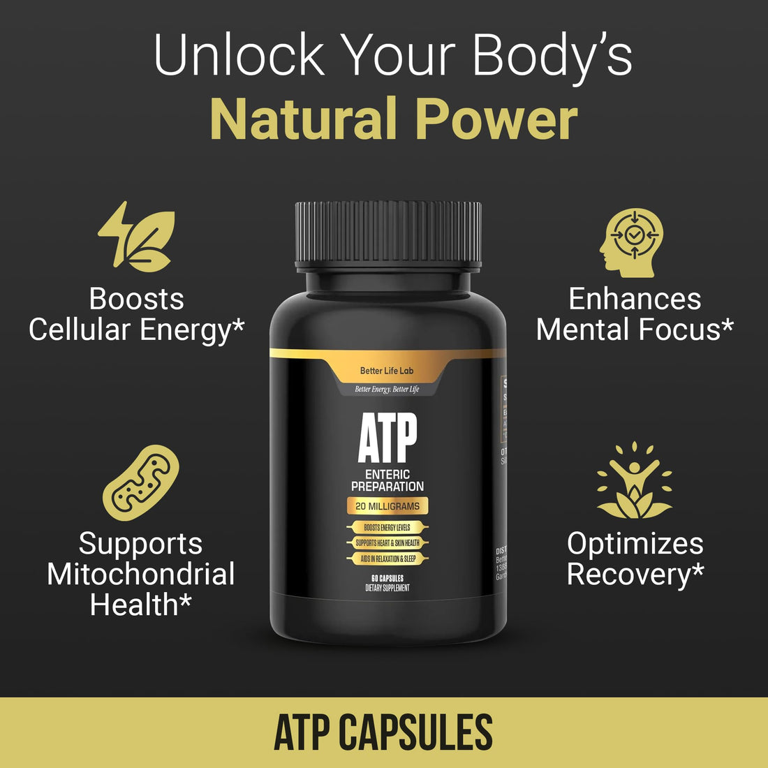 Black supplement bottle labeled 'ATP Enteric Preparation' on a white background