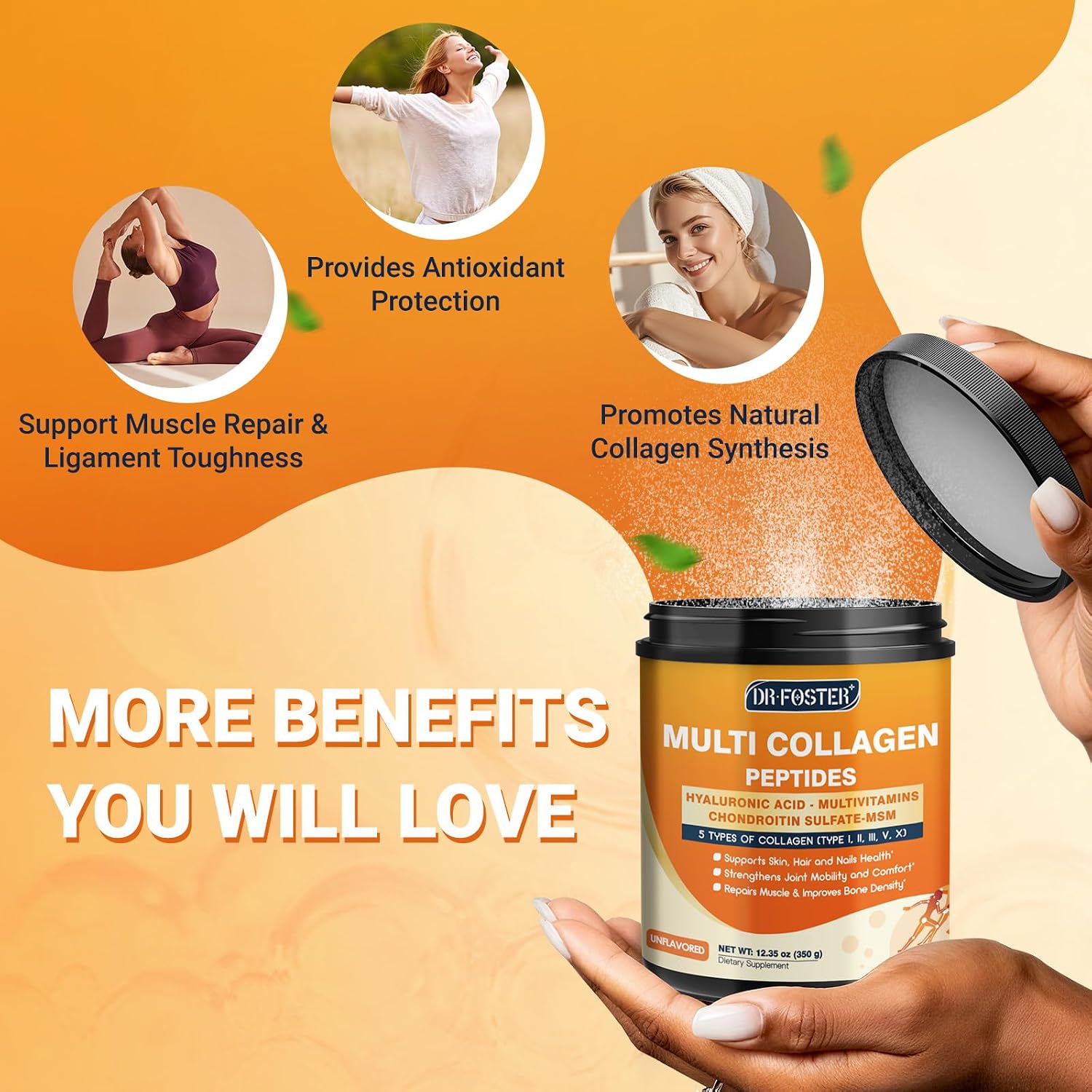 DRFOSTER Multi Collagen Peptides for Women with MSM, CS & D3, 35 Servings | Type I, II, III, V, and X Hydrolyzed Collagen with Vitamin C and Hyaluronic Acid for Skin, Hair, and Joints