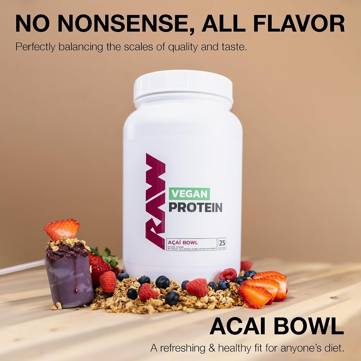 RAW Vegan Protein Powder, Acai Bowl - 20g of Plant-Based Protein Powder & Fortified with Vitamins for Muscle Growth & Recovery - Low-Fat, Low Carb, Naturally Flavored & Sweetened - 25 Servings