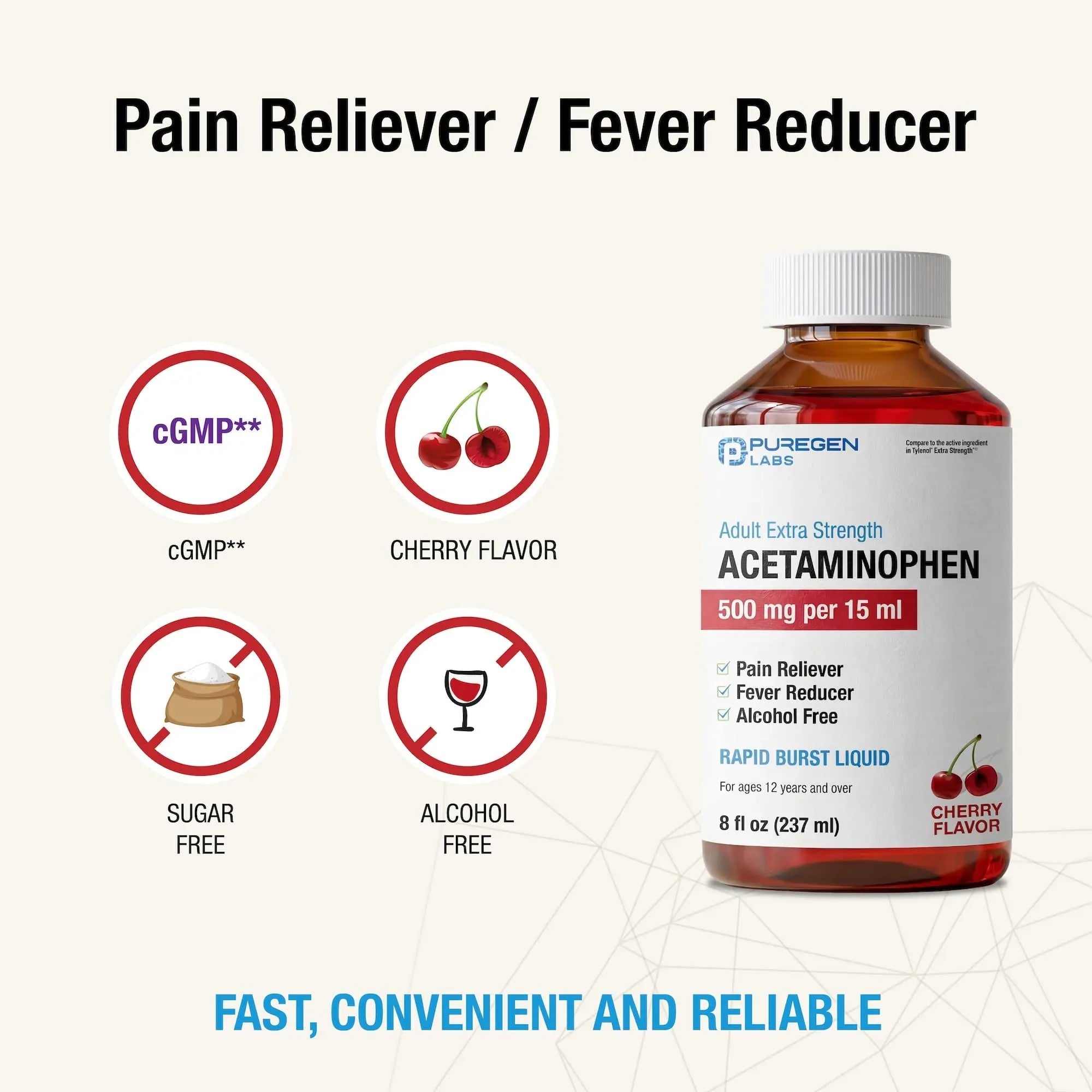 Puregen Labs Adult Extra Strength Acetaminophen Liquid 500mg/15ml - 8 fl oz Rapid Burst Pain Reliever/Fever Reducer, Cherry Flavor | Muscle & Joint Pain Relief | Arthritis Pain Relief P Puregen LabsBuy Supplements Australia