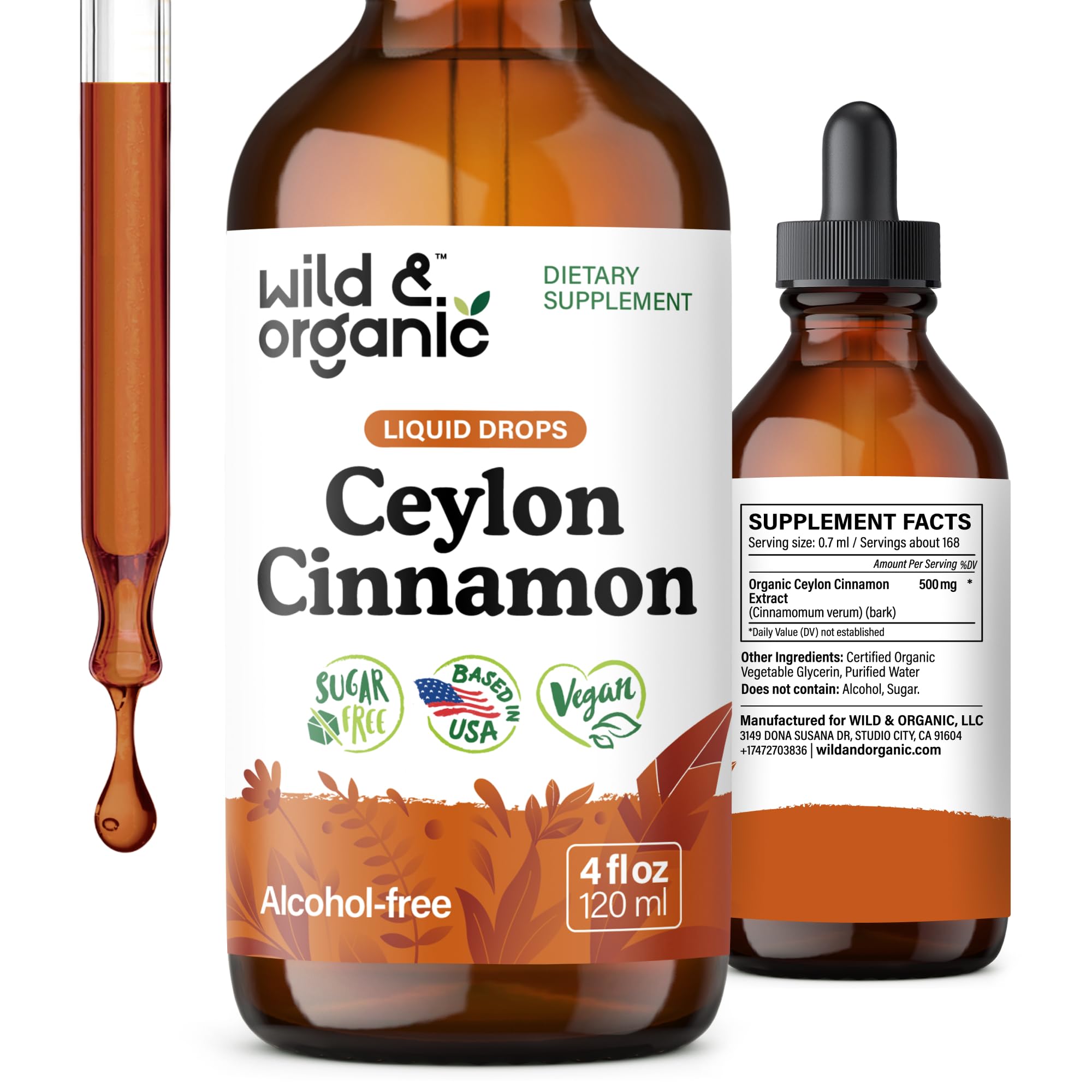 Wild & Organic Ceylon Cinnamon Supplements 500mg - Antioxidant Support - Ceylon Cinnamon Drops - Add to Tea Liquid Extract - Cinnamomum Verum Bark - Unflavored, Sugar & Alcohol-Free Tincture - 4 fl oz