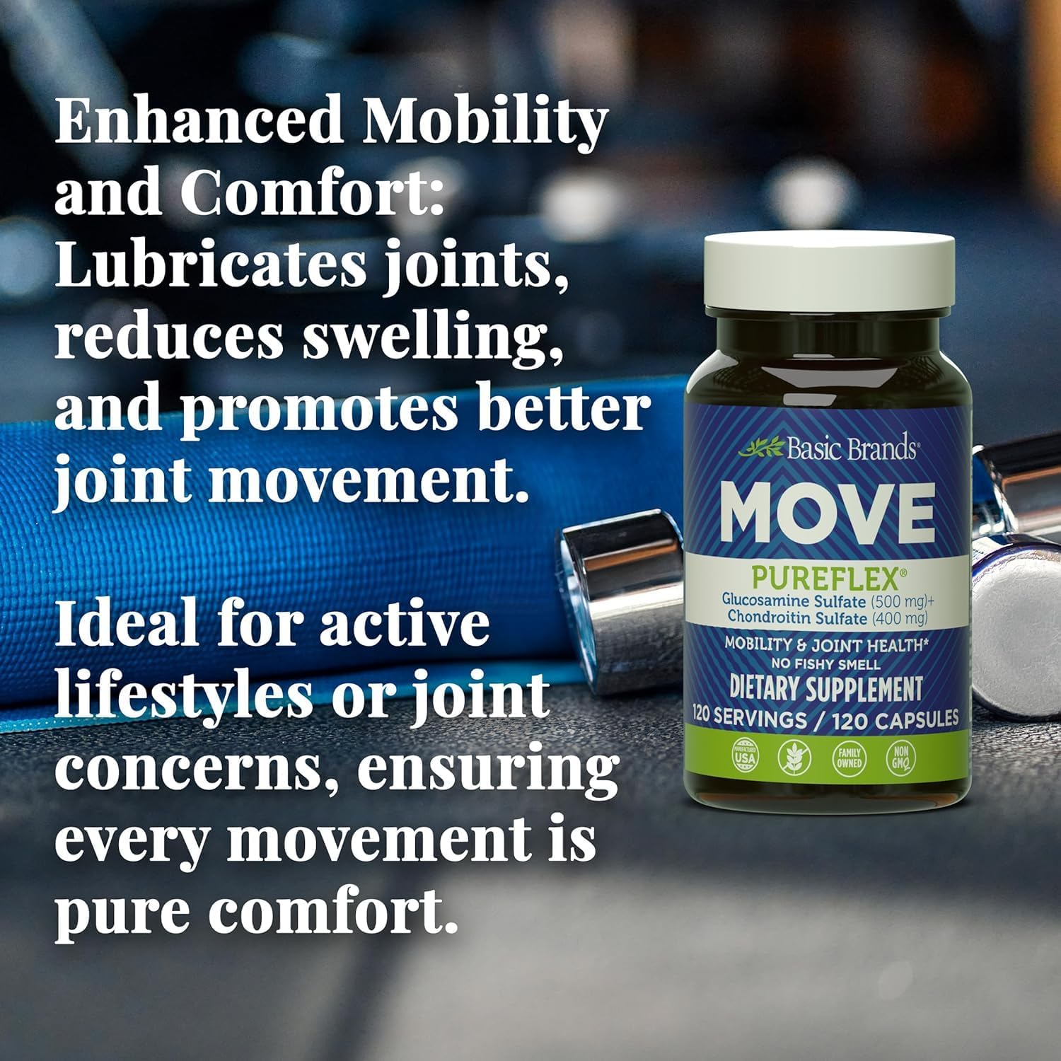 Basic Brands Move Pureflex Glucosamine Chondroitin, 120 Capsules | 500 mg Glucosamine Sulfate and 400 mg Chondroitin Sulfate, Made in USA